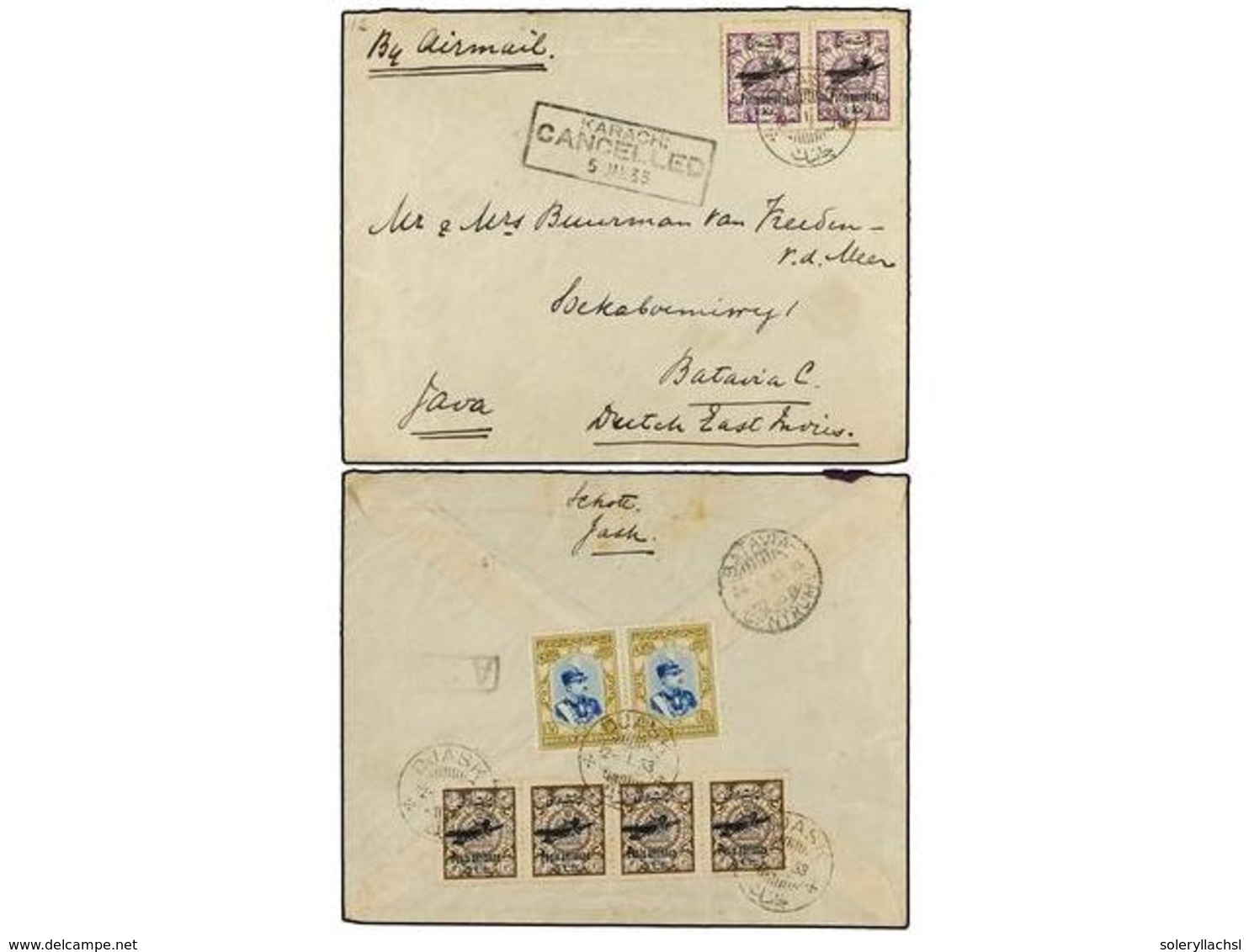 958 IRAN. Mi.572 (4), 574 (2), 588. 1933 (5-I). DJASK To BATAVIA (Dutch Indies). <B>AIR MAIL. </B>Rare Destination. - Andere & Zonder Classificatie