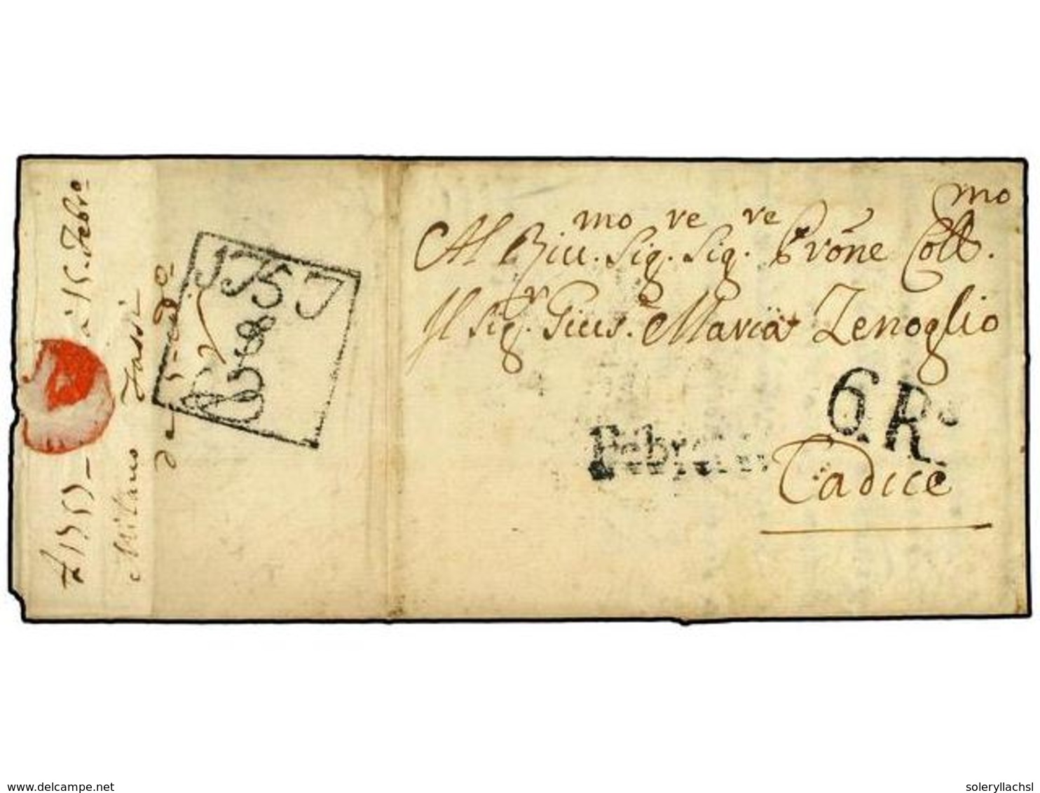 961 ITALIA. 1751. MILAN A CADIZ. Fechador De Llegada <B>1757</B> En Negro, Precioso Y De Extraordinaria Rareza (P.E.43), - Autres & Non Classés