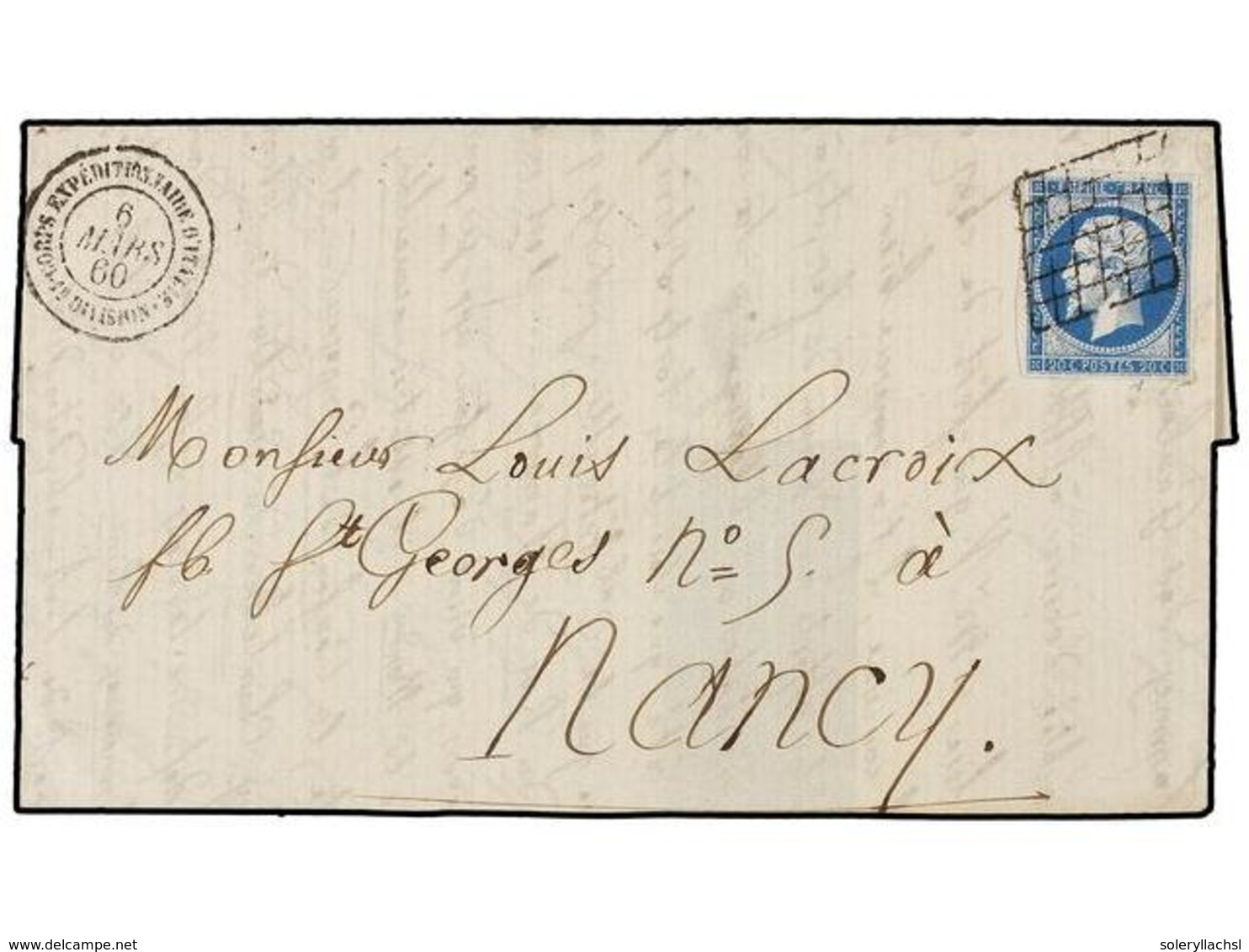 977 ITALIA. 1860. ROME To NANCY. Folded Letter (one Flap Missing) Franked By Imperforate <B>20 Cts.</B> Blue French Stam - Autres & Non Classés