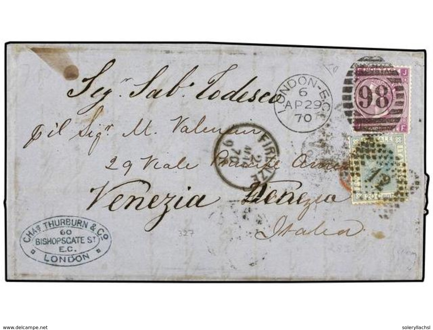 980 ITALIA. 1870 (April 29). Entire Letter To Venice Franked By <B>6d</B>. Bright Mauve, Pl. 8 Tied By <B>London</B> Num - Andere & Zonder Classificatie