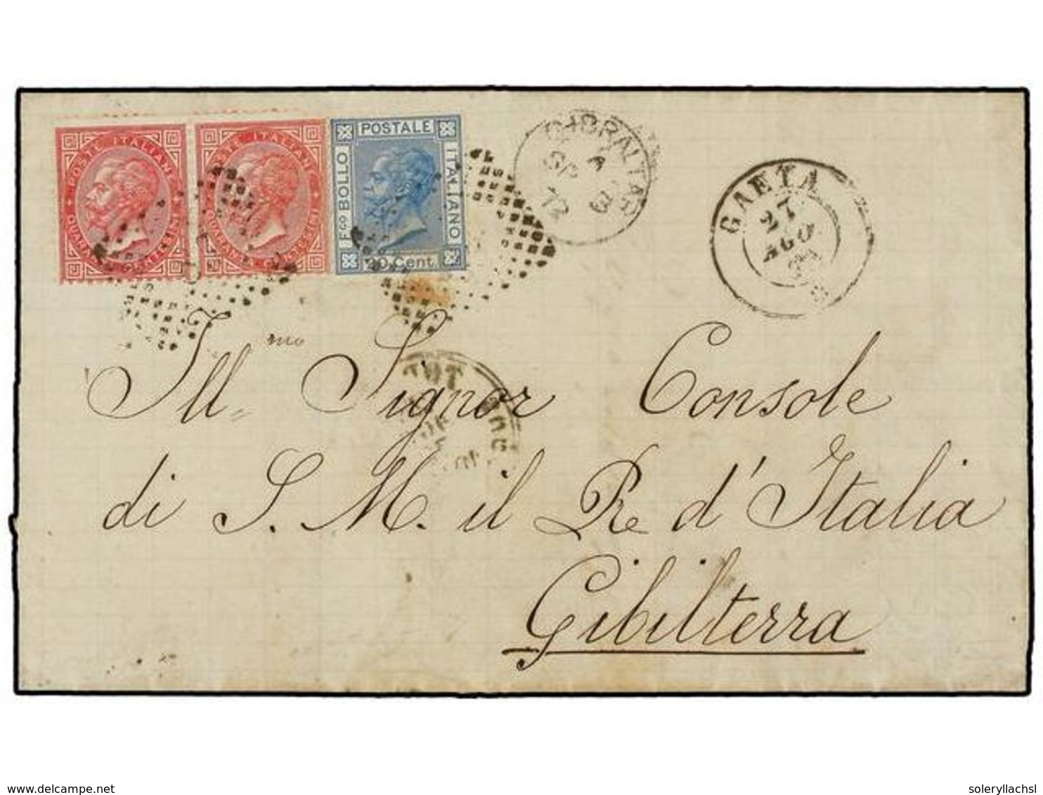 982 ITALIA. 1872. GAETA A GIBRALTAR. <B>20 Cts.</B> Azul Y <B>40 Cts.</B> Rosa (2). Fechador De <B>GIBRALTAR</B> En El F - Andere & Zonder Classificatie