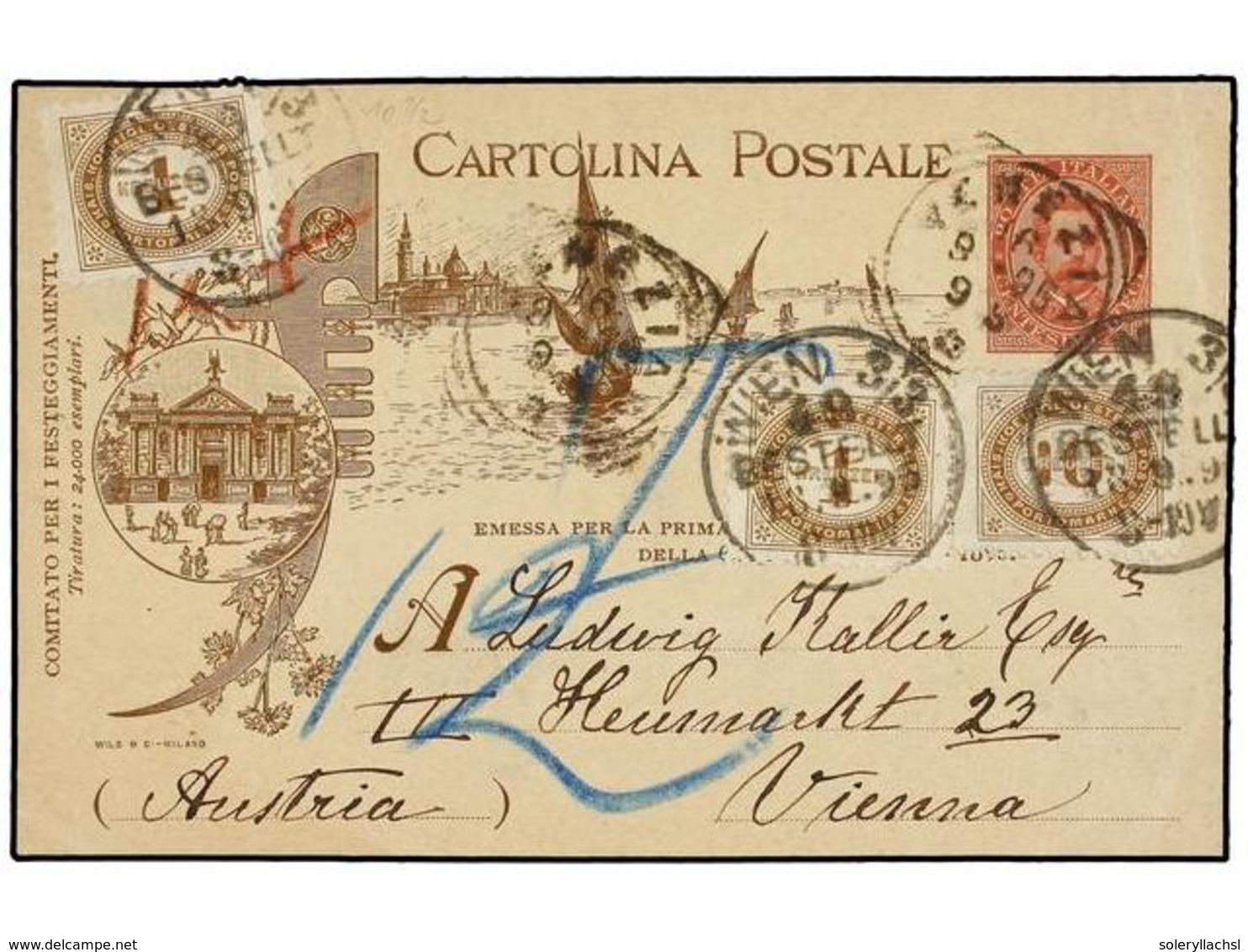 983 ITALIA. 1895. VENEZIA A VIENA (Austria). Entero Postal De <B>10 Cts.</B> Rojo Tasado A La Llegada Con Sellos De Aust - Other & Unclassified