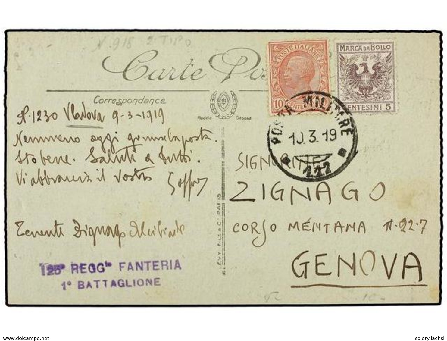 989 ALBANIA. 1919 (9-3). VLADOVA? A GENOVA. Tarjeta Circulada Con Sellos De <B>10 Cts.</B> Y <B>MARCA DE BOLLO</B> De <B - Andere & Zonder Classificatie