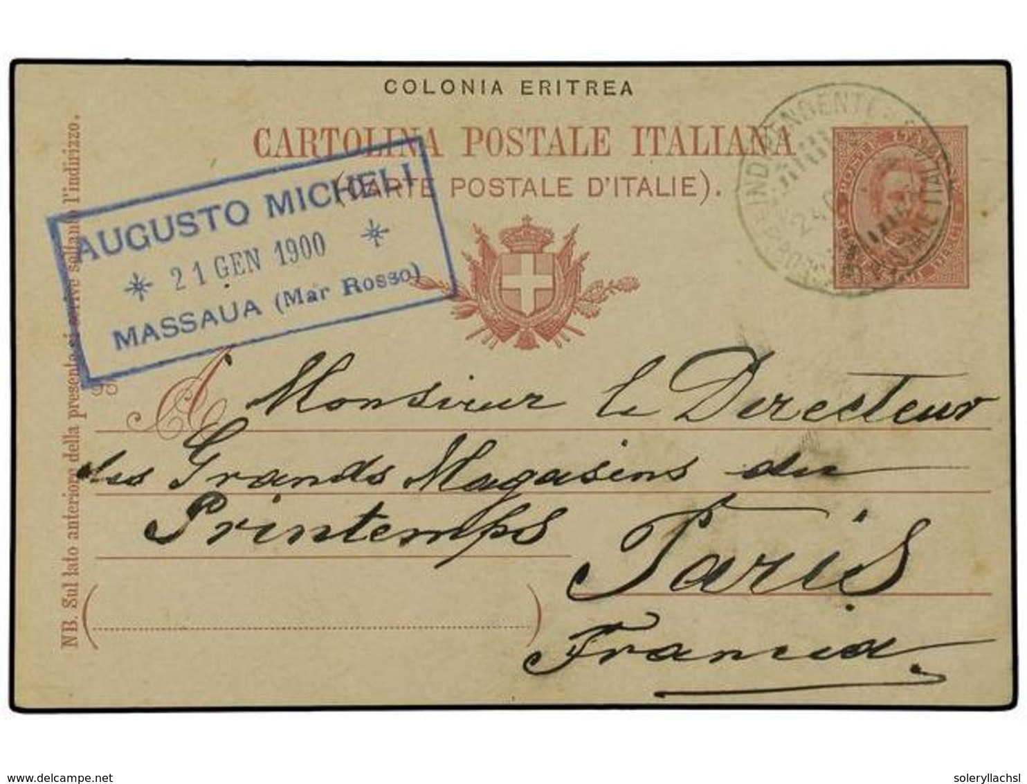 992 ERITREA. 1900 (Jan 21). Italy <B>10c</B>. Lake Postal Stationery Card Used From Massaua To Paris With Framed Cachet  - Andere & Zonder Classificatie