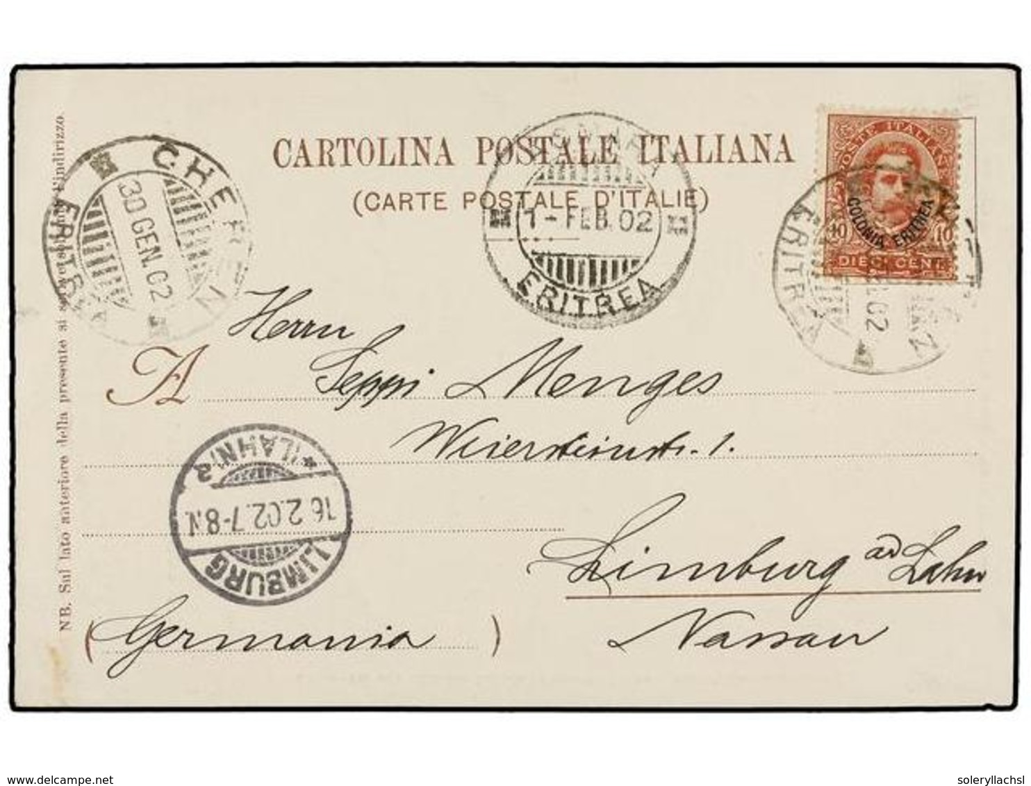 993 ERITREA. Sa.15. 1902. CHERON A ALEMANIA. Tarjeta Postal Circulada Con Sello De <B>10 Cts.</B> Rojo, Mat. <B>CHEREN/E - Other & Unclassified