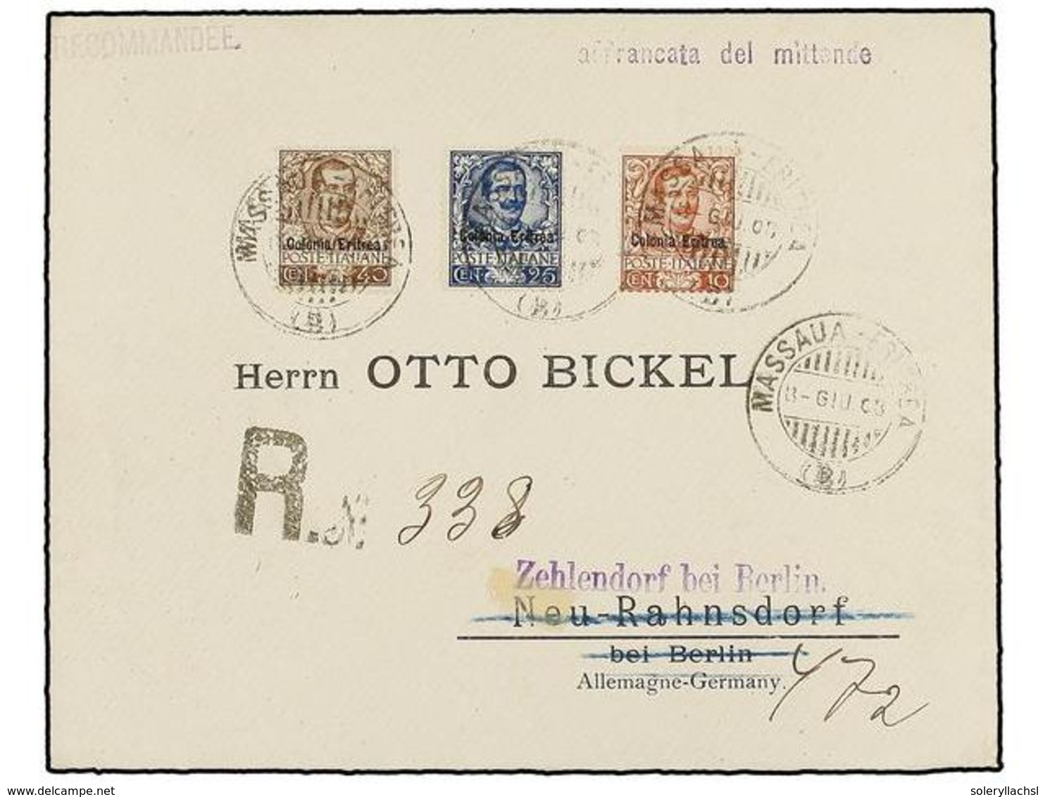 994 ERITREA. Sa.22, 24, 25. 1903. MASSUA A ALEMANIA. Precioso Franqueo En Carta Certificada. - Andere & Zonder Classificatie