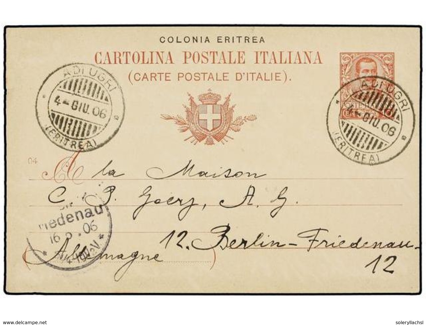 997 ERITREA. 1906. ADI UGRI A ALEMANIA. Entero Postal De <B>10 Cts.</B> Rojo, Mat. <B>ADI UGRI/ERITREA.</B> Rara Cancela - Sonstige & Ohne Zuordnung