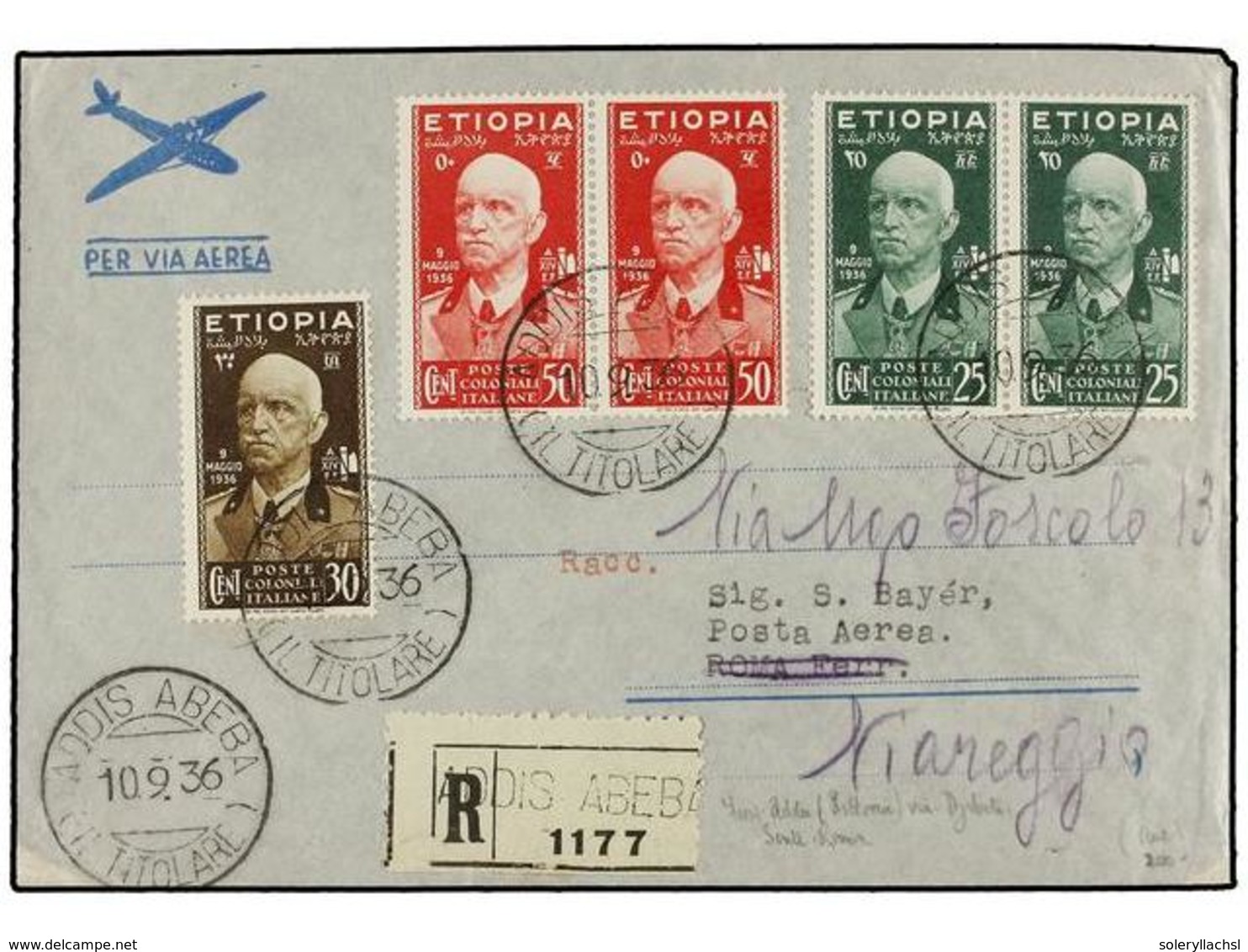 1012 ETIOPIA. 1936 (10-IX). ADDIS-ABEBA A ROMA. PRIMER VUELO (Longhi 36QPa). Precioso Franqueo, Al Dorso Llegada. - Andere & Zonder Classificatie