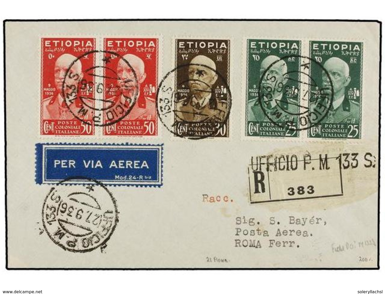 1013 ETIOPIA. 1936 (27-IX). ADDIS ABEBA A ROMA. PRIMER VUELO (Longhi 36WNa). Precioso Franqueo, Al Dorso Llegada. - Sonstige & Ohne Zuordnung