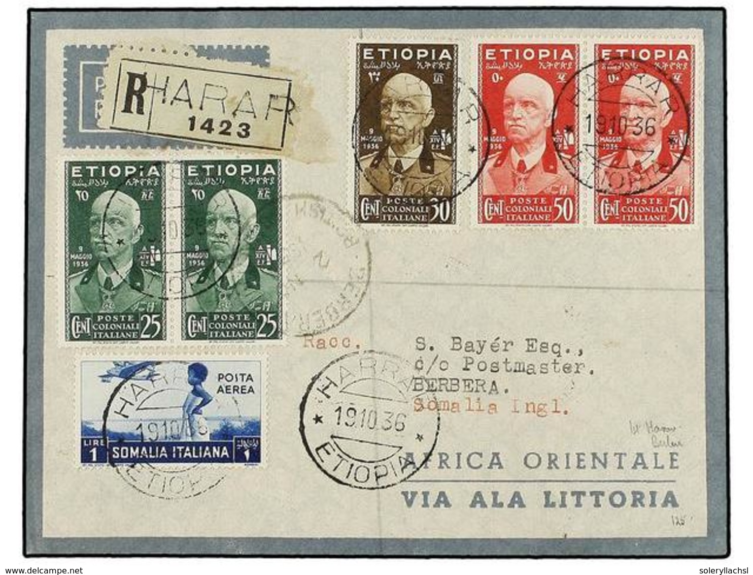 1014 ETIOPIA. 1936 (19-X). HARAR A BERBERA (Somalia). PRIMER VUELO (Longhi 3650a). Precioso Franqueo, Al Dorso Tránsitos - Andere & Zonder Classificatie