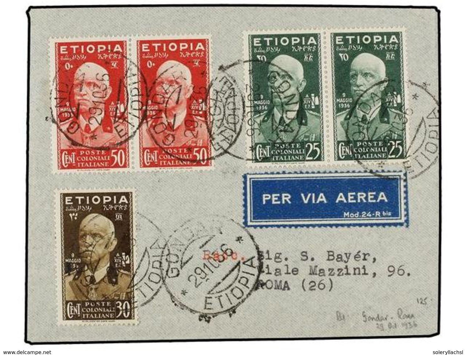 1015 ETIOPIA. 1936 (29-X). GONDAR A ROMA. PRIMER VUELO (Longhi 36YHa). Precioso Franqueo, Al Dorso Llegada. - Other & Unclassified