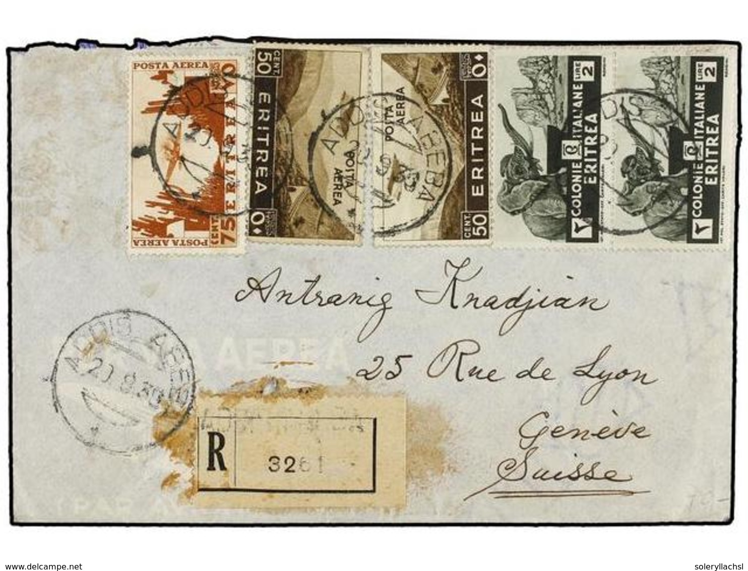 1019 ETIOPIA. 1938. ADDIS ABEBA A SUIZA. <B>50 Cts.</B> (2), <B>75 Cts.</B> Y <B>2 Liras </B>(2). Carta Certificada Circ - Andere & Zonder Classificatie