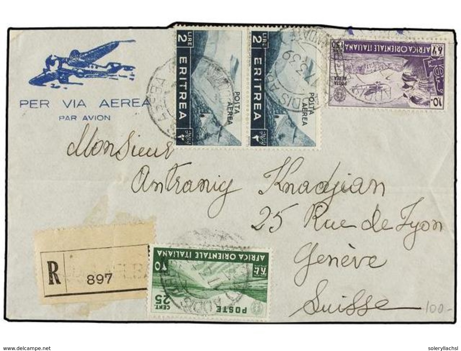 1021 ETIOPIA. 1939. ADDIS ABEBA A SUIZA. <B>25 Cents., 1,50 L.</B> Y <B>2 L.</B> (2) Circulada Por Correo Aéreo, Al Dors - Other & Unclassified