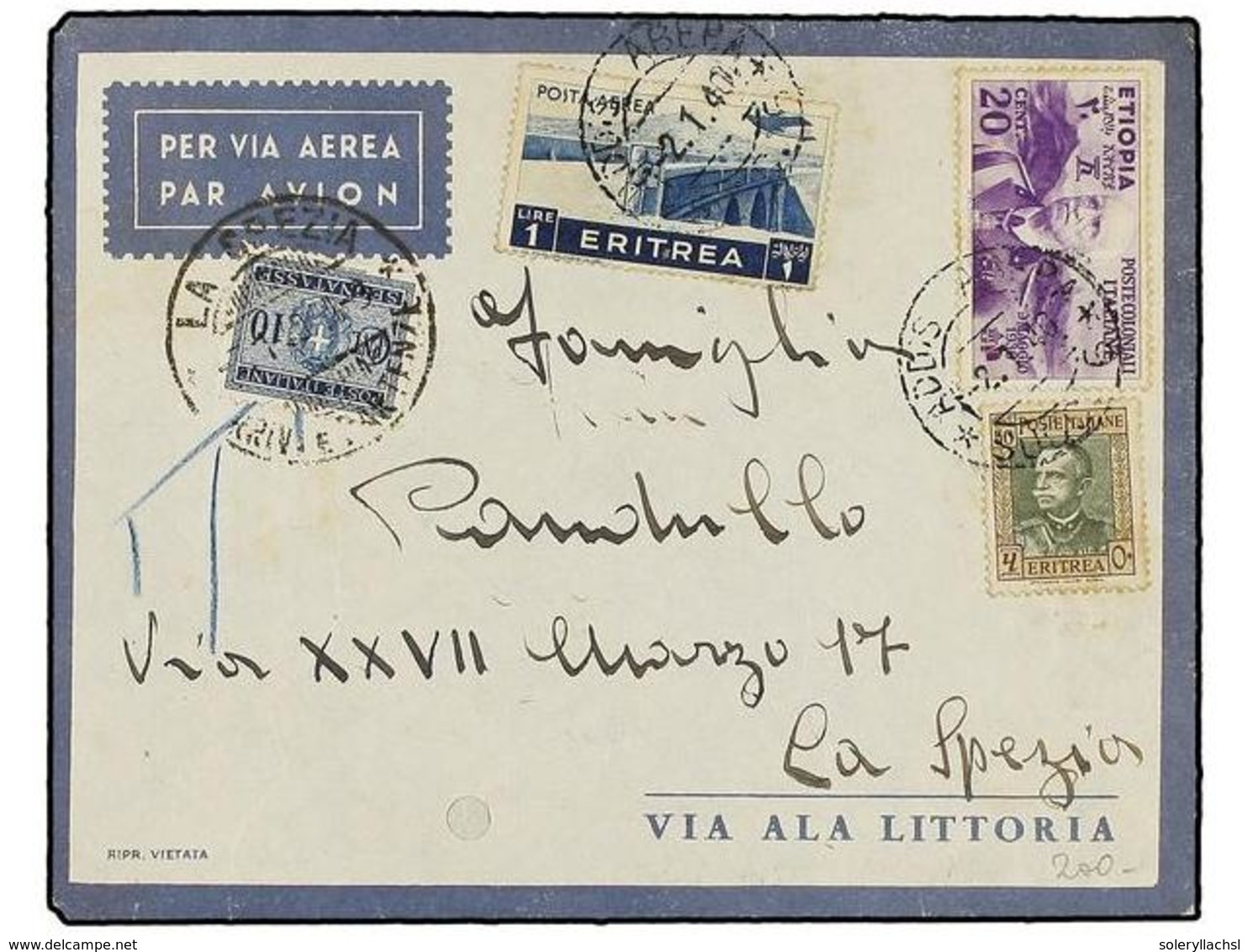 1022 ETIOPIA. 1940. ADDIS ABEBA A ITALIA. <B>20 Cts.</B>, <B>50 Cts.</B> Y <B>1 Lira</B> Circulada Por Correo Aéreo. Tas - Autres & Non Classés