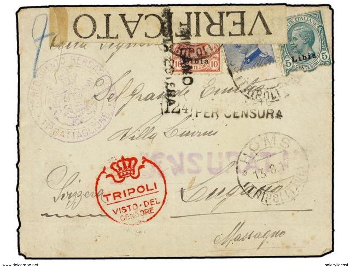 1024 TRIPOLITANIA. 1917. HOMS To LUGANO (Switzerland). <B>5, 10, 25 Cts. </B>(faults) With Censure Label And <B>REGGIMEN - Autres & Non Classés