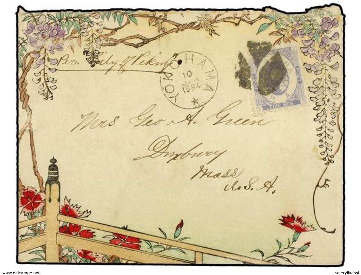 1027 JAPON. 1884. Delightful Hand-painted Illustrated Cover To USA Franked By Koban <B>5s.</B> Blue Tied By <B>'Y'</B> D - Andere & Zonder Classificatie