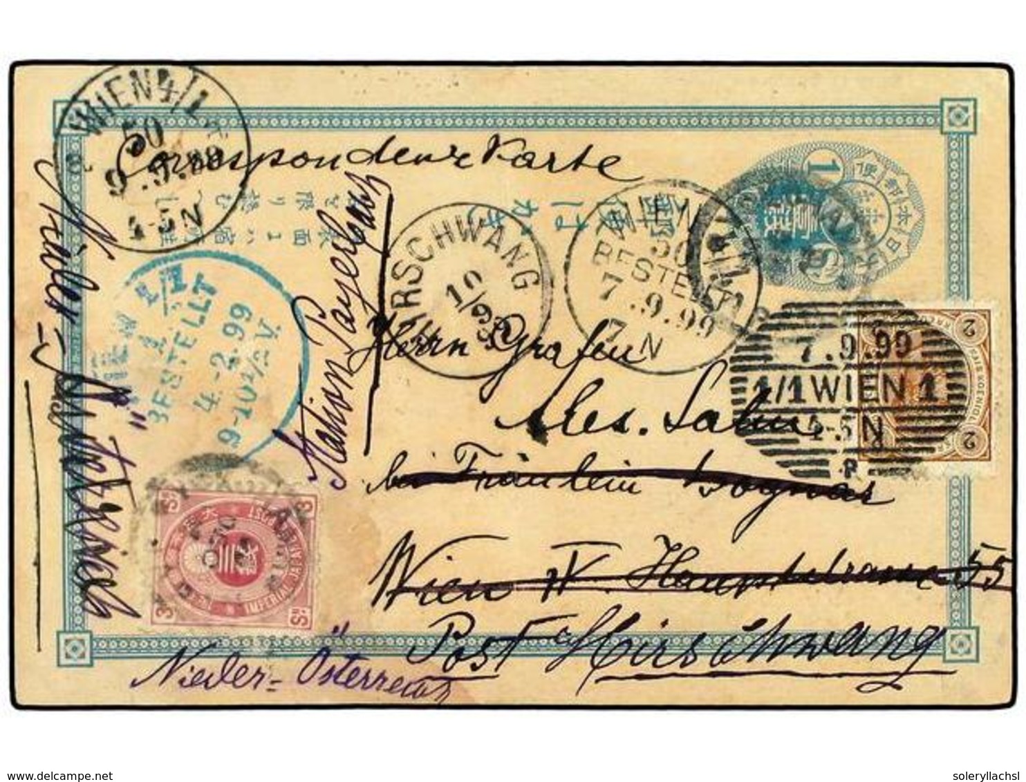 1028 JAPON. 1899. YOKOHAMA A WIEN. Entero Postal De <B>1 Sen</B> Con Franqueo Complementario De <B>3 Sen </B>reexpedido  - Sonstige & Ohne Zuordnung