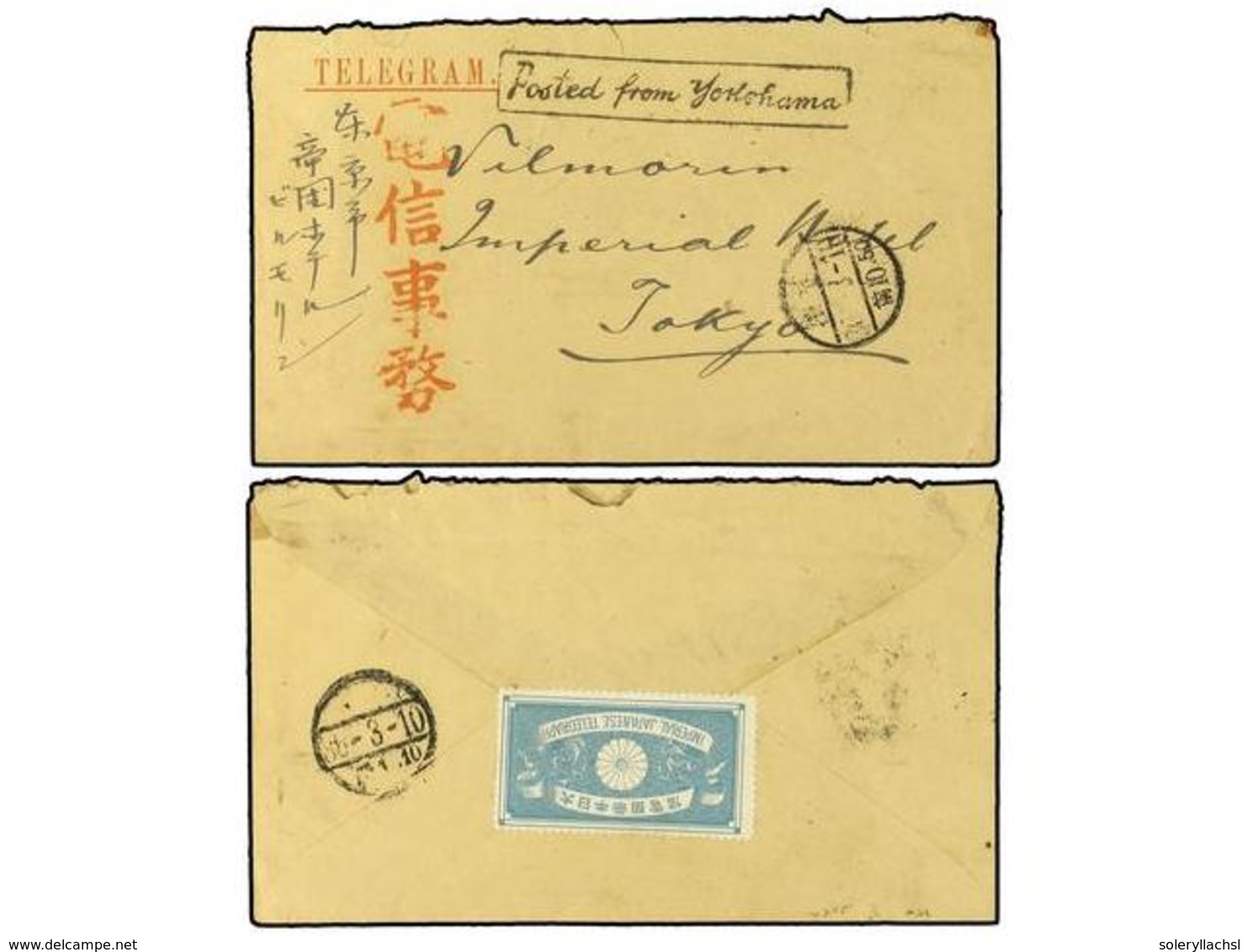 1031 JAPON. 1910. Telegram Envelope To The 'Imperial Hotel Tokyo' Cancelled By Boxed <B>POSTED FROM YOKOHAMA</B> Cachet  - Autres & Non Classés