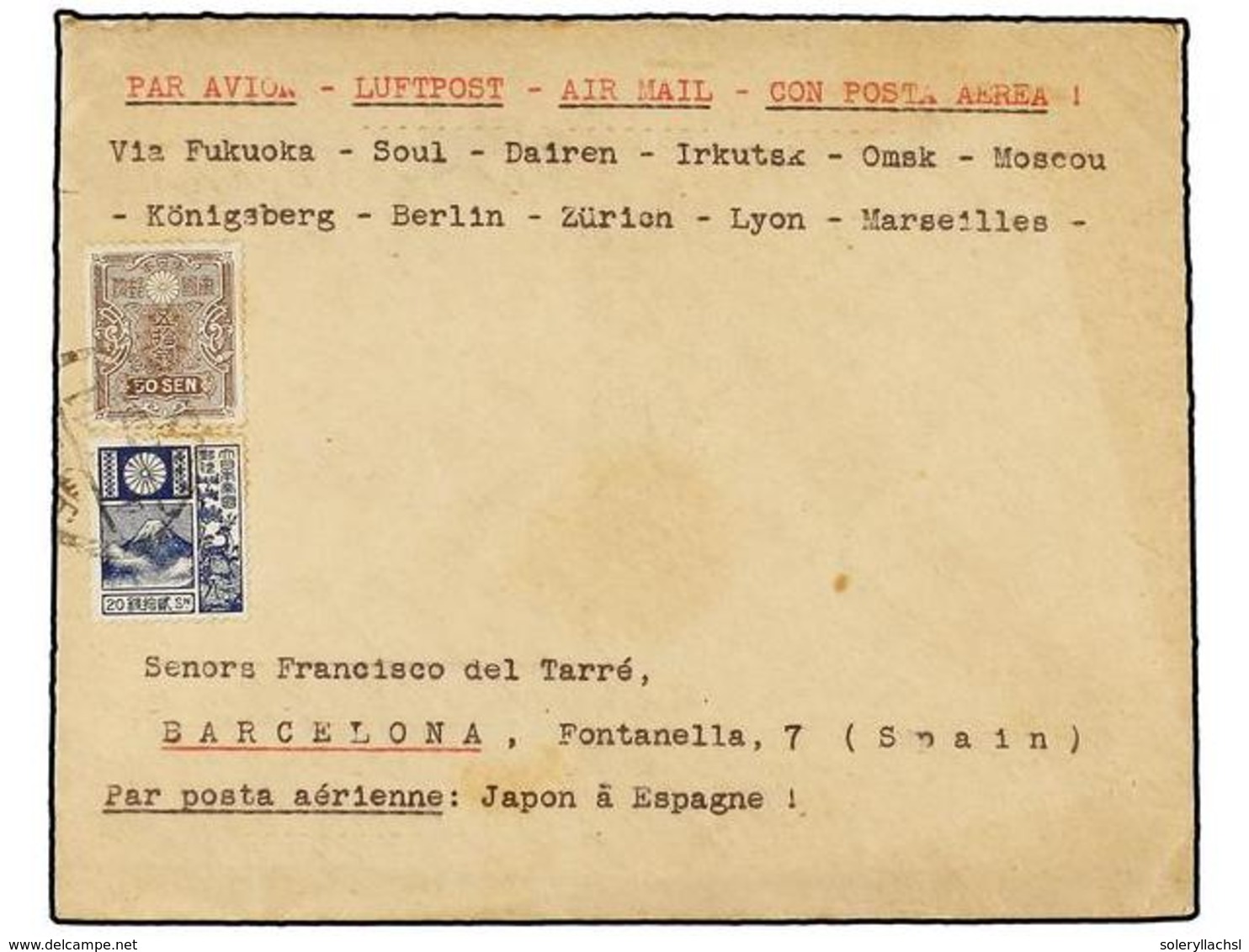 1032 JAPON. 1929 (July). JAPAN To BARCELONA (Spain). <B>AIR MAIL</B>. <B>20 Sen</B> And <B>50 Sen.</B> Arrival On Back.  - Andere & Zonder Classificatie