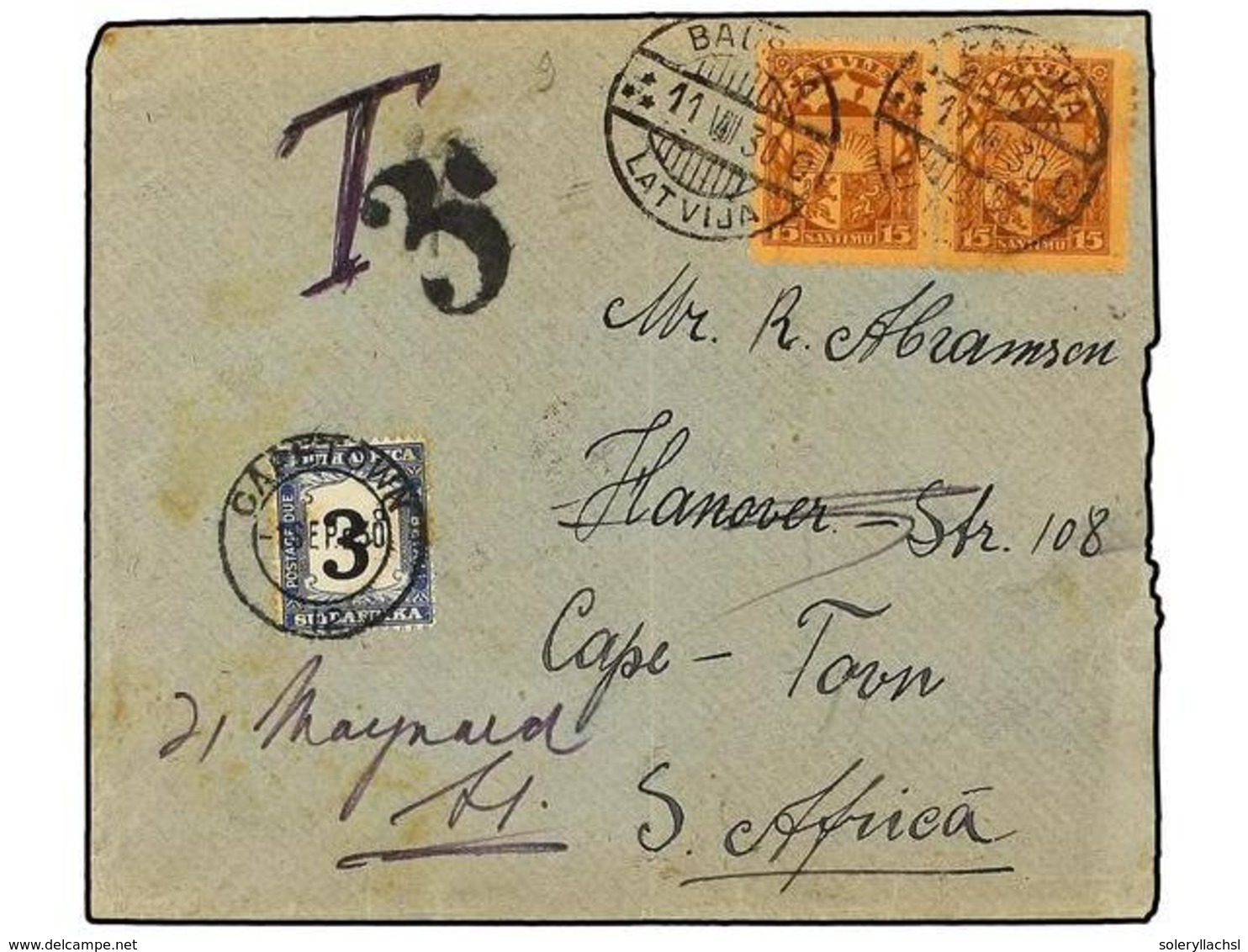 1039 LETONIA. 1930. BAUSKA To CAPE TOWN (South Africa). <B>15 Cts.</B> (2) Taxed On Arrival With South African Stamps Of - Other & Unclassified