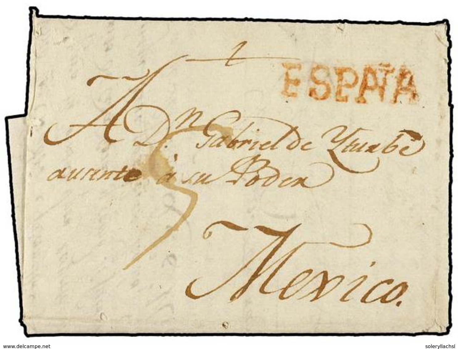 1045 MEXICO. 1802 (Septiembre). CÁDIZ A MÉXICO. Carta Completa, Marca<B> ESPAÑA</B> En Rojo Estampada En La Coruña. RARA - Other & Unclassified