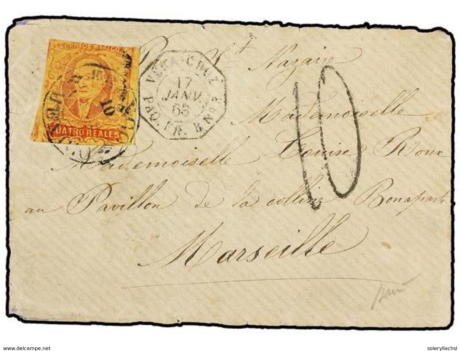 1063 MEXICO. Sc.38. 1868. VERACRUZ A FRANCIA. <B>4 Reales</B> Rojo S. Amarillo Con MÉXICO 'gótico'. Mat. <B>FRANCO/VERAC - Sonstige & Ohne Zuordnung