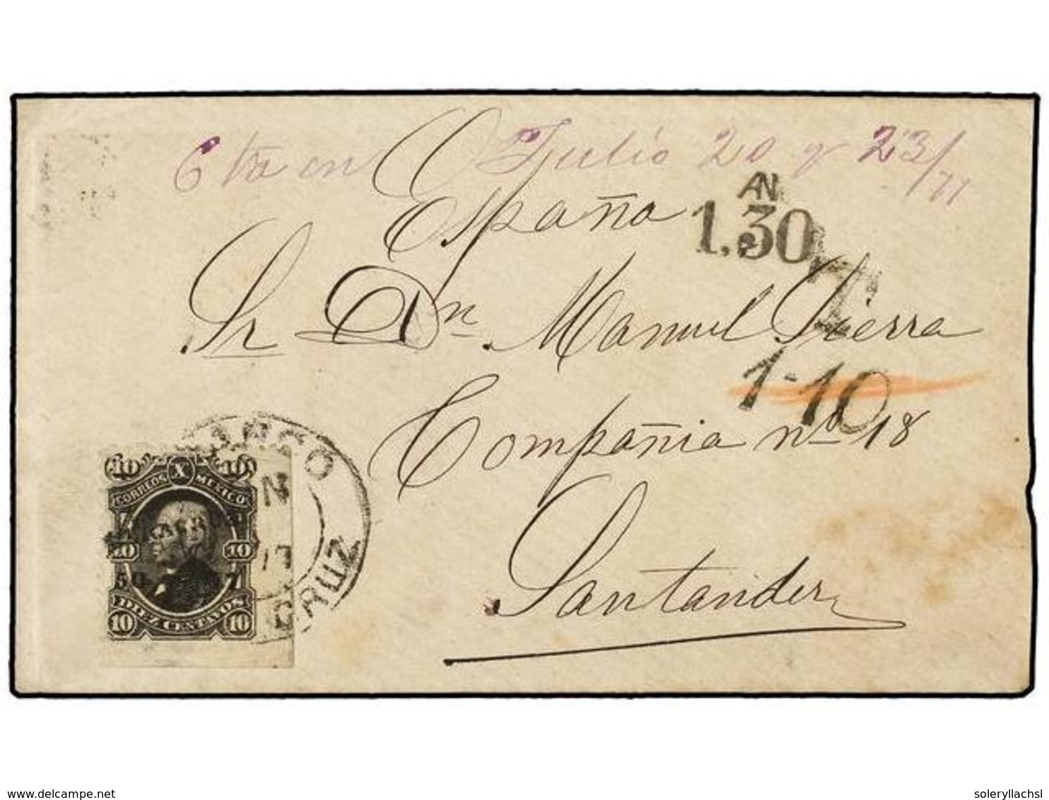 1064 MEXICO. Sc.107. 1877. VERACRUZ A ESPAÑA. <B>10 Ctvos.</B> Negro. Tasada A La Llegada Con <B>1,30 Pesetas</B>. MUY B - Sonstige & Ohne Zuordnung