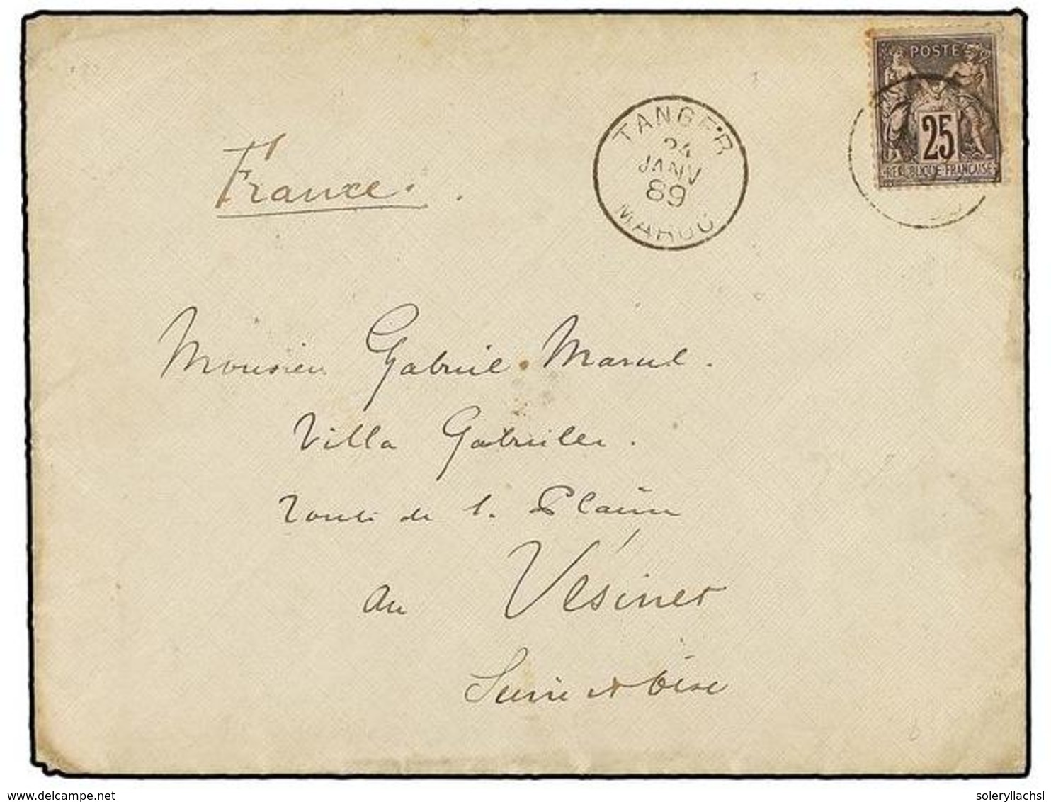 1068 MARRUECOS. 1889. TANGER A FRANCIA, Sobre Circulado Con Sello Francés De <B>25 Cts.</B> Negro S. Rosa, Mat. <B>TANGE - Andere & Zonder Classificatie