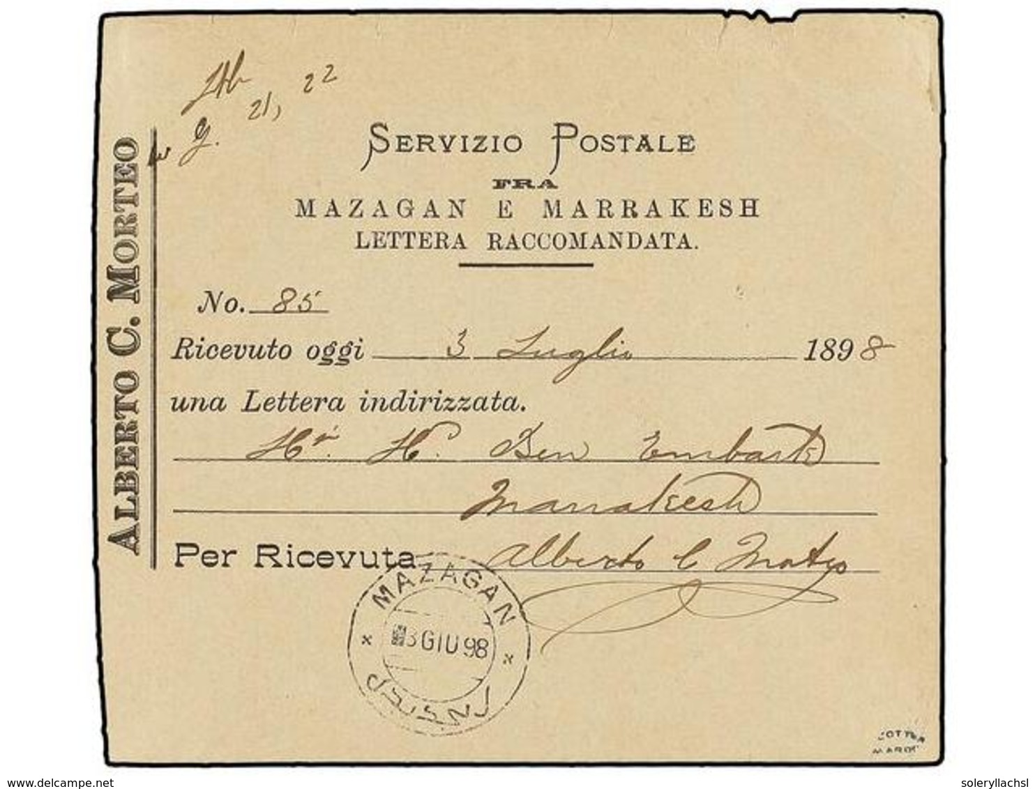 1069 MARRUECOS. 1898. RECIBO Del Servicio Postal De MAZAGAN A MARRAKESH De Alberto Morteo Con Fechador De MAZAGAN. - Altri & Non Classificati