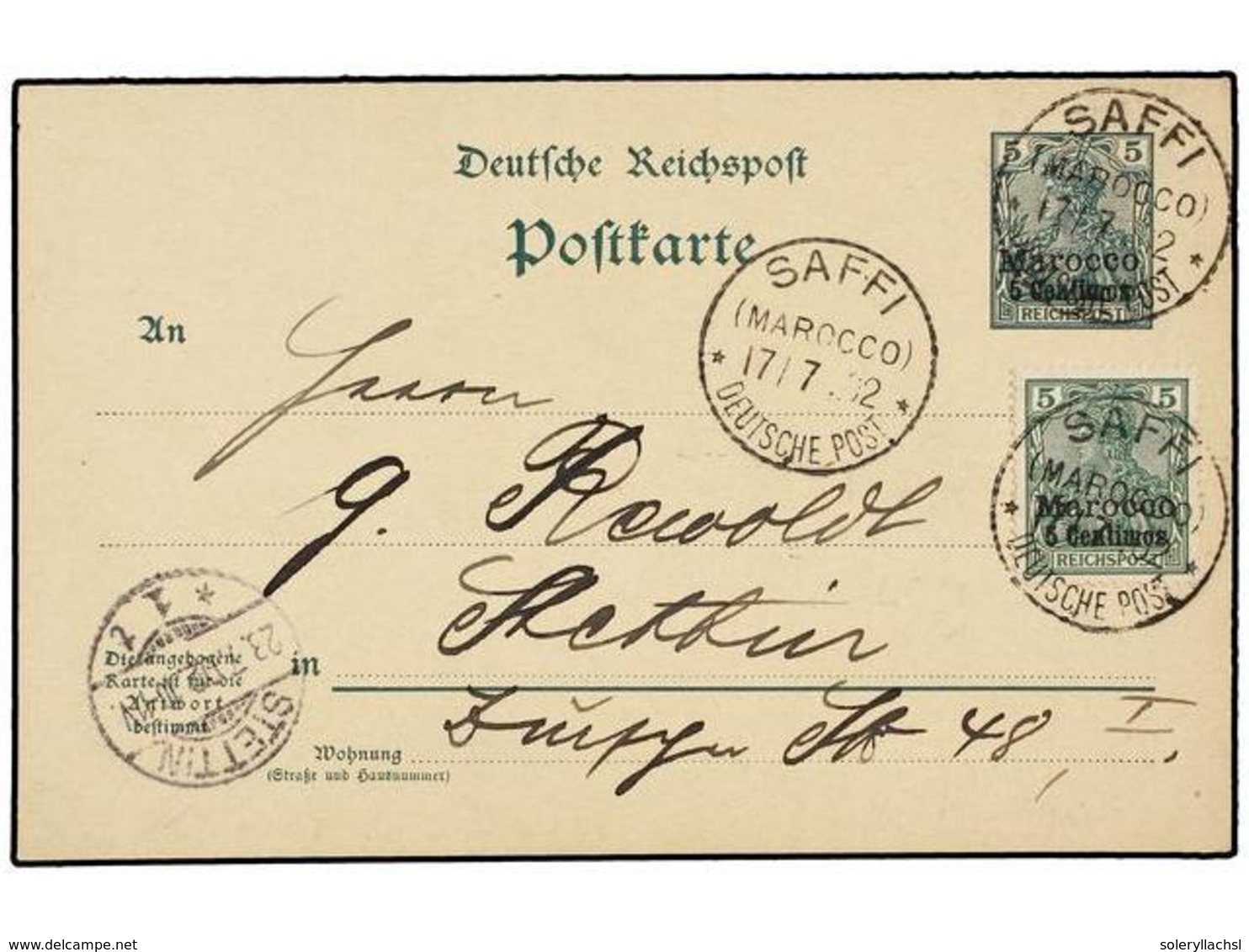 1074 MARRUECOS. 1902. Entero Postal De <B>5 Pf. + 5 Pf.</B> Con Franqueo Adicional De <B>5 Pf.</B> Verde, Mat. Del Corre - Other & Unclassified