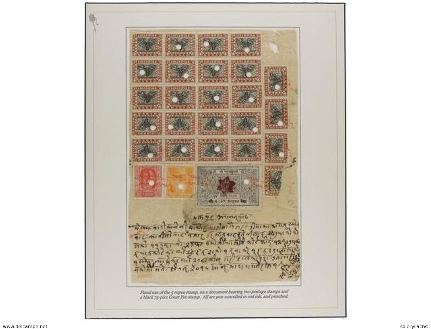 1092 NEPAL. Mi.45 (24). (1930 CA.). Fiscal Document With Twenty Four <B>5 Rupees</B> Stamps (one Fault) Bearing Two Post - Autres & Non Classés