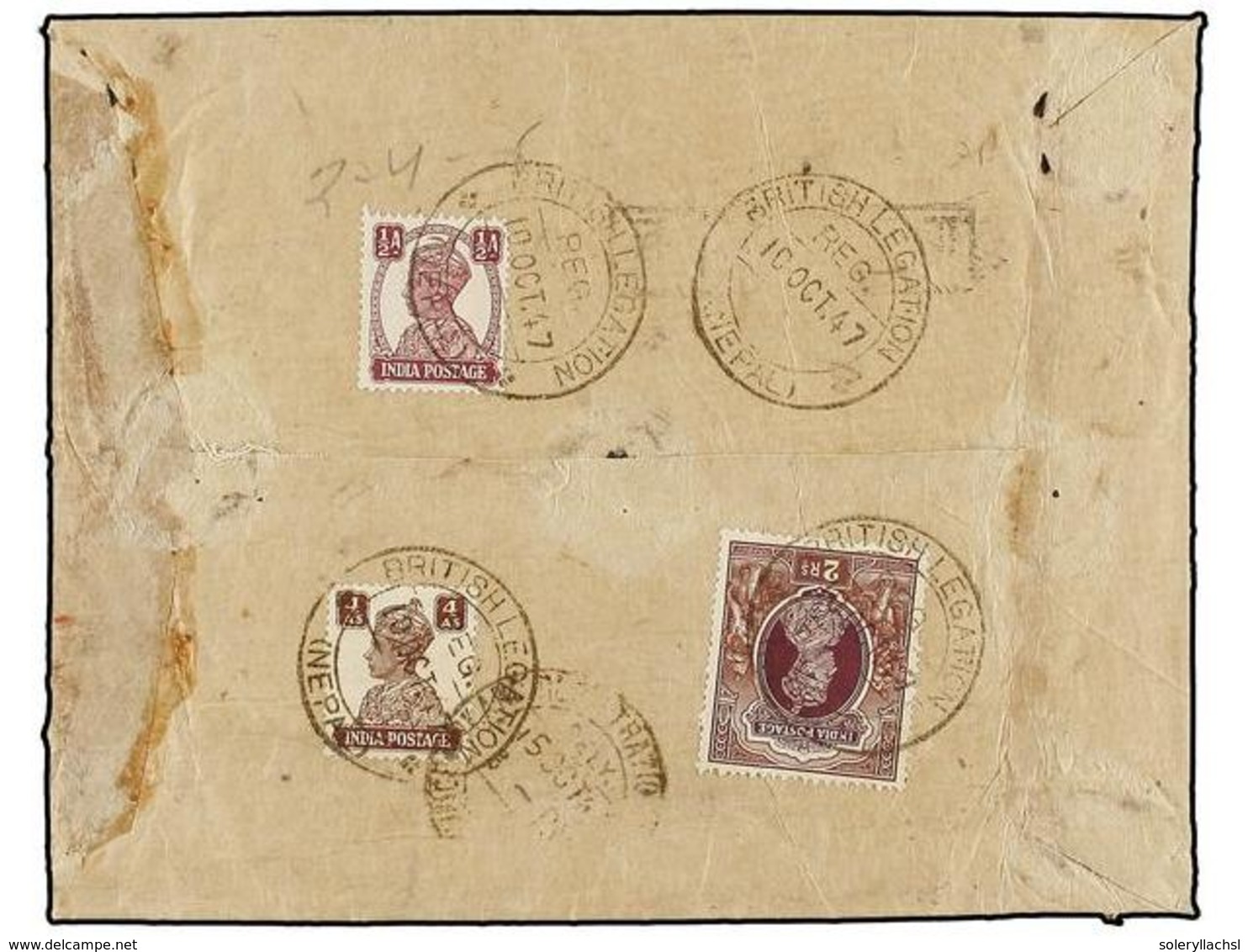 1098 NEPAL. 1947. KATMANDU To BOMBAY. <B>1/2 A.</B>, <B>4 A.</B> And<B> 2 Rs.</B> Indian Stamps On Registered Insured Co - Sonstige & Ohne Zuordnung