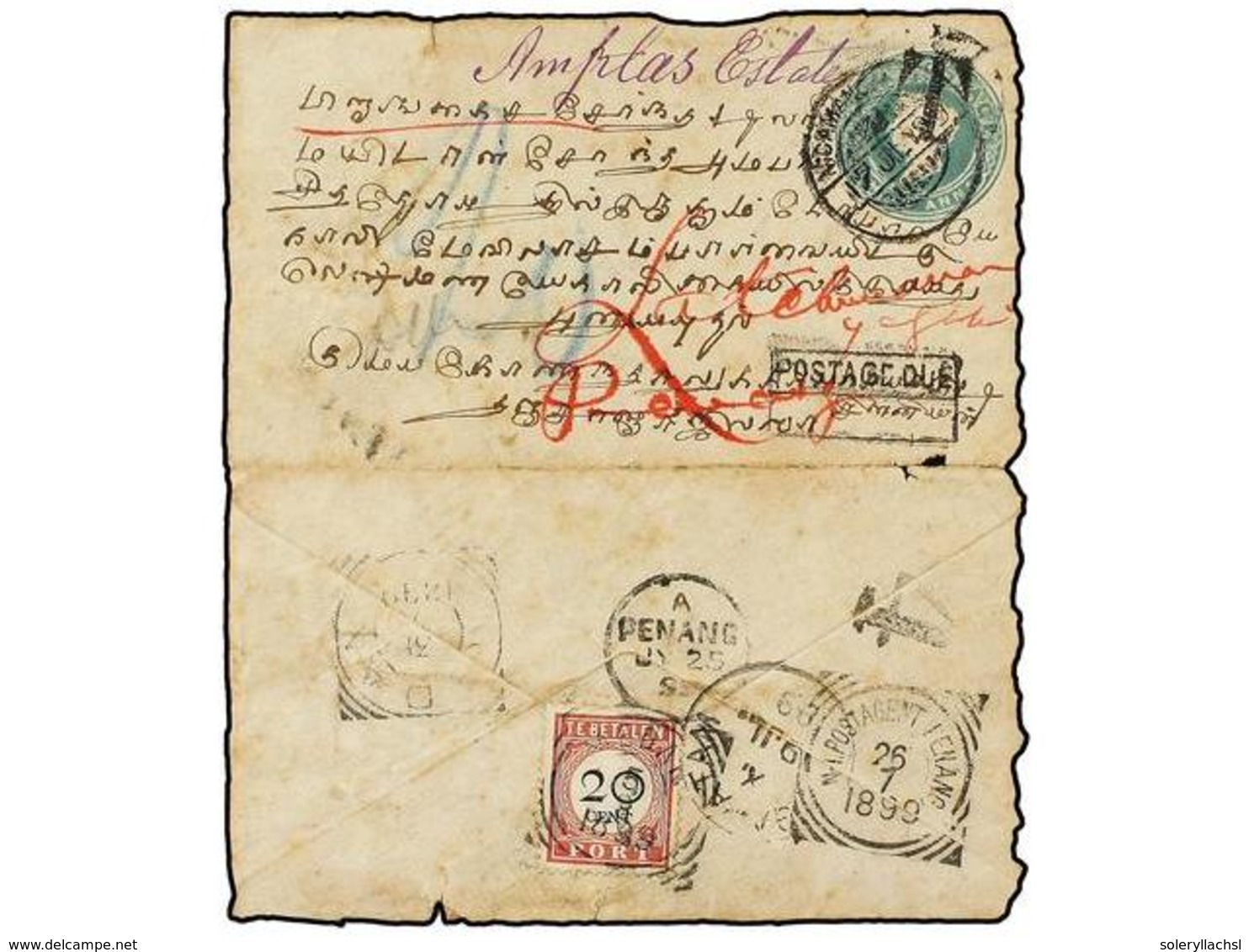 1107 INDIA HOLANDESA. 1899. Envelope From The INDIA Bearing <B>1/2 Cent.</B> Underpaid, Routed Overland Via Gapatam And  - Other & Unclassified