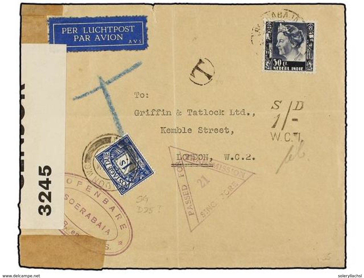 1110 INDIA HOLANDESA. (1940 CA.). SORABAJA To LONDON. <B>30 Cts.</B> Taxed On Arrival With <B>1 Sh.</B> Stamp. Censored  - Andere & Zonder Classificatie