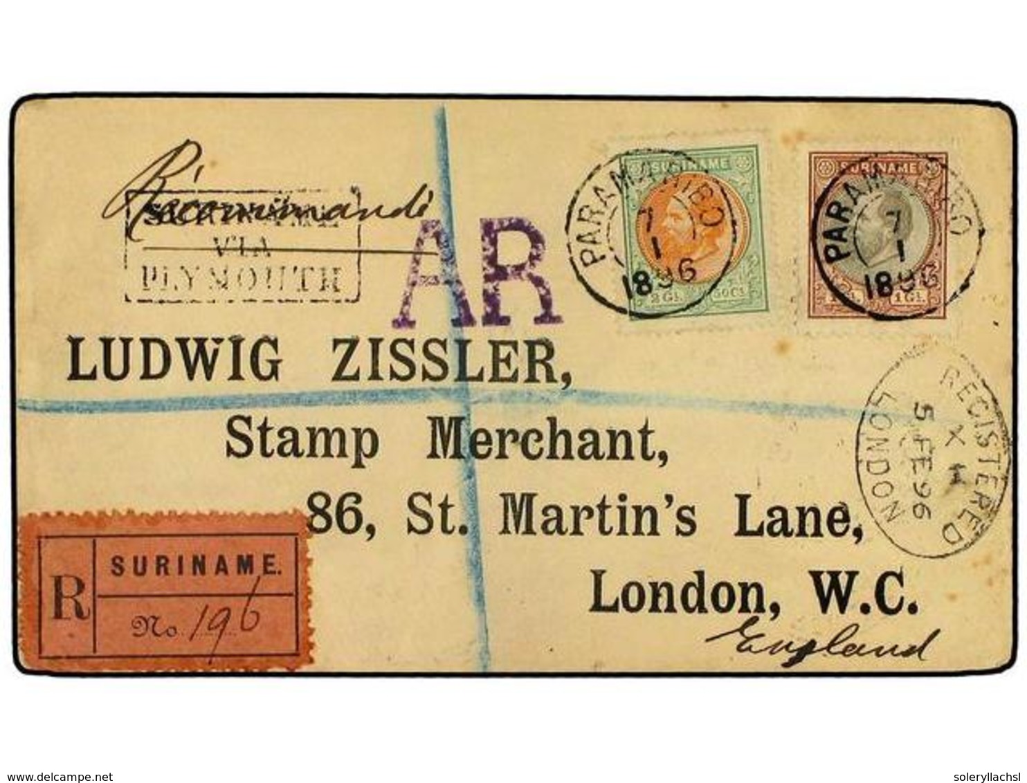 1111 SURINAM. 1896. Registered-AR Cover To LONDON Franked By <B>1888 1 G. </B> Grey & Pale Chocolate With <B>1875 2 1/2  - Andere & Zonder Classificatie