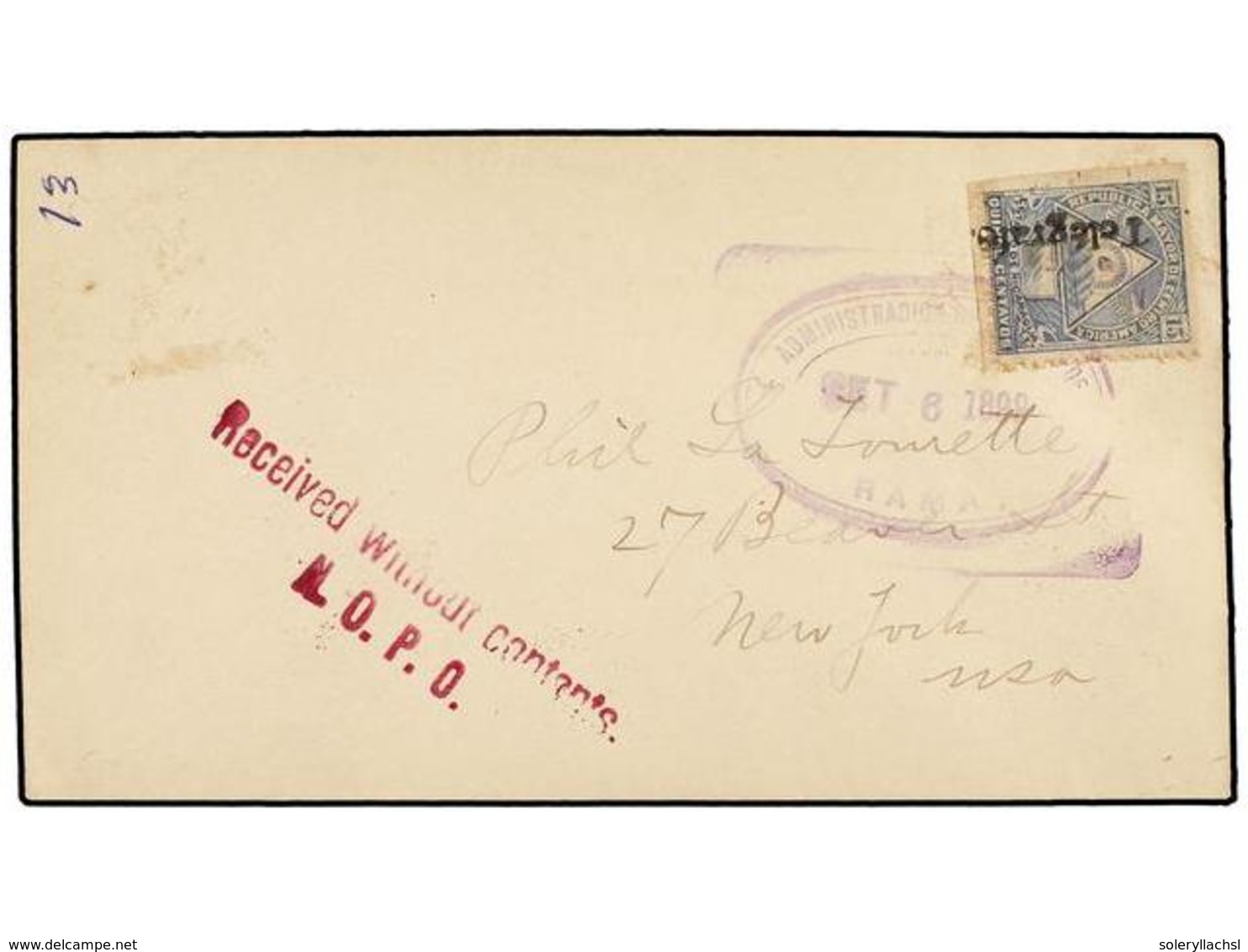 1112 NICARAGUA. 1899. RAMA A NEW YORK. Sobre Circulado Con Sello De <B>15 Ctvos.</B> Azul Habilitado <B>TELÉGRAFO,</B> A - Other & Unclassified