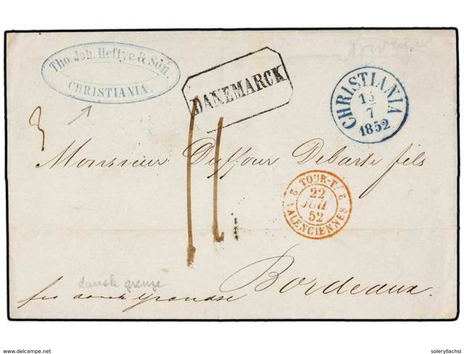 1113 NORUEGA. 1852. CHRISTIANIA To FRANCE Via Hamburg And Tour And Taxis With <B>DANEMARK</B> Entry Mark. VERY FINE. - Andere & Zonder Classificatie