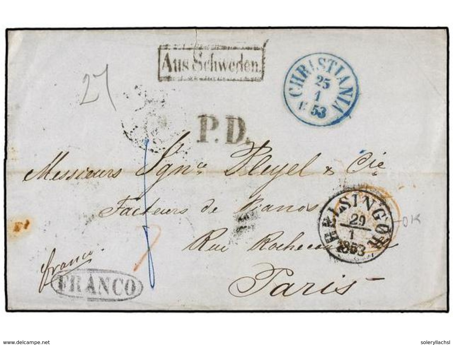 1114 NORUEGA. 1853. CHRISTIANIA To FRANCE Via Hamburg And Prusia. Postage Paid With<B> P.D.</B> And <B>FRANCO</B> Marks  - Other & Unclassified