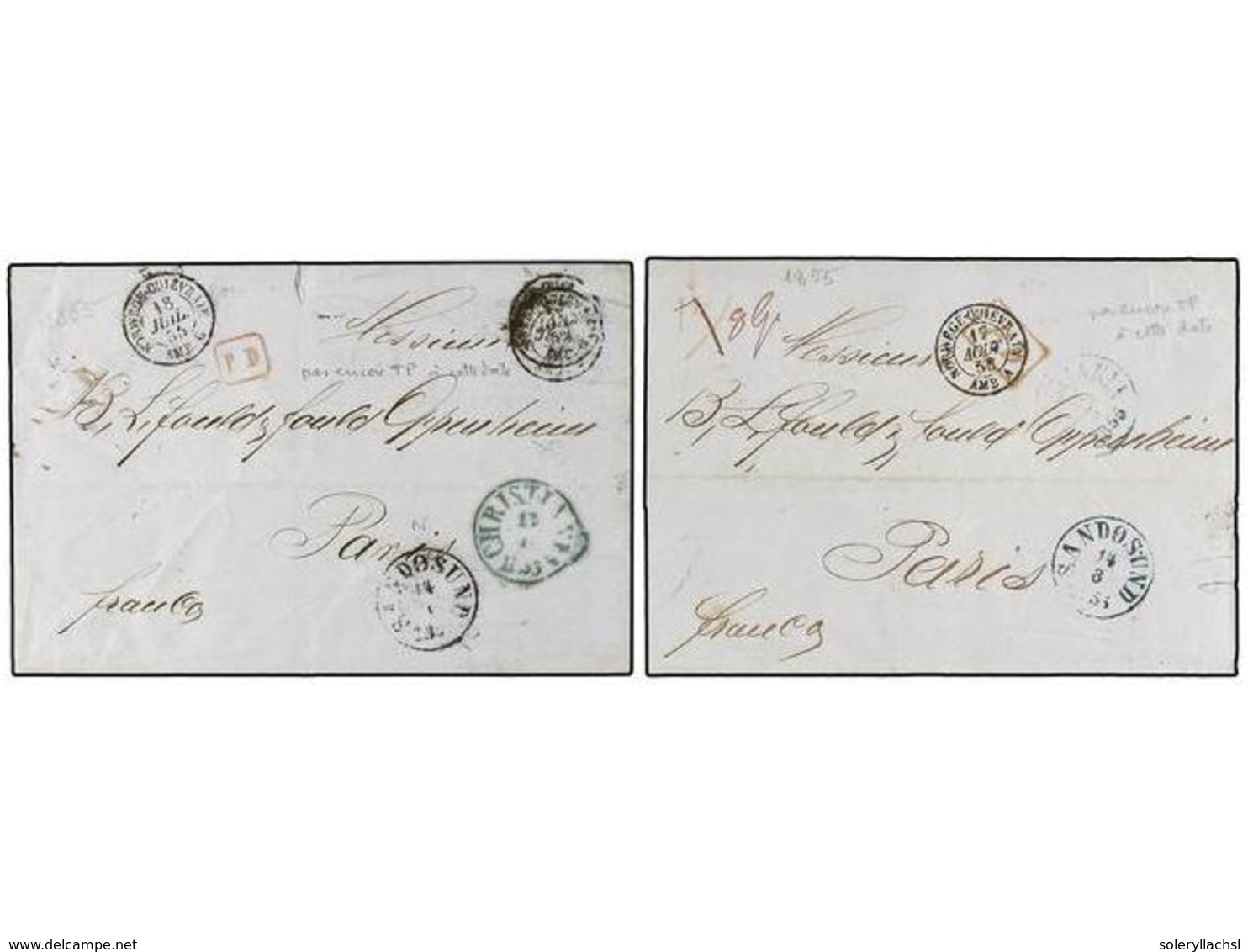 1115 NORUEGA. 1855. CHIRSTIANIA To FRANCE. 2 Covers With A Postage Paid Red<B> P.D.</B> Mark And <B>NORUEGE-QUIEVRAIN/AM - Autres & Non Classés