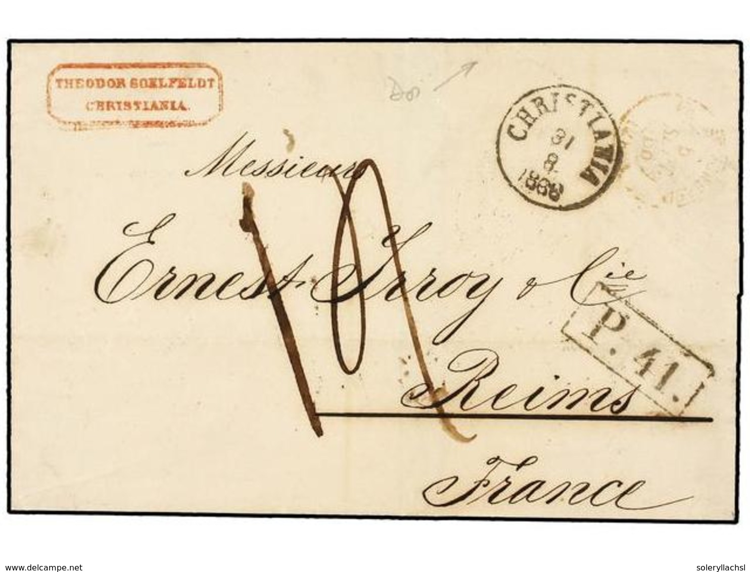 1116 NORUEGA. 1866. CHIRSTIANIA To FRANCE Via Lubeck With <B>P.41</B> (Van Der Linden 2105) And On Reverse Blue <B>5.a.P - Sonstige & Ohne Zuordnung