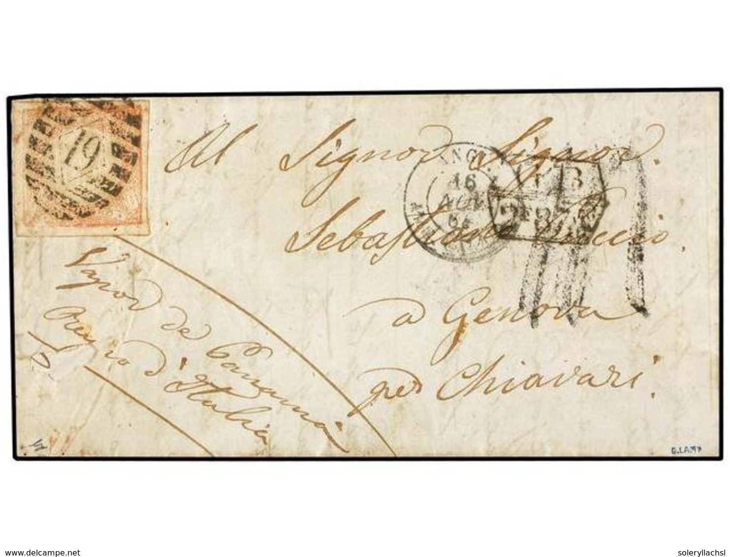 1123 PERU. Yv.8. 1864. CALLAO A GENOVA. <B>1 Dinero </B>rosa, Manuscrito 'Vapor De Panama, Reyno D'Italia' Circulada Por - Autres & Non Classés