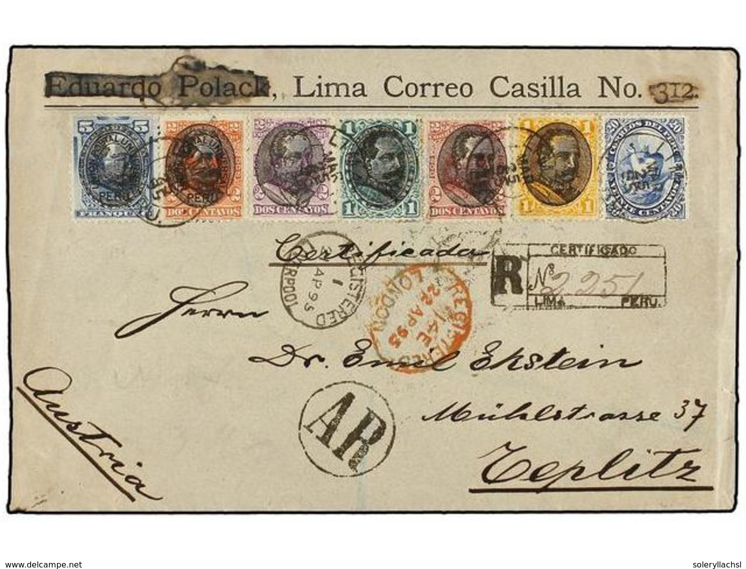 1128 PERU. 1895. LIMA A ALEMANIA. Espectacular Franqueo, Al Dorso Llegada. - Sonstige & Ohne Zuordnung