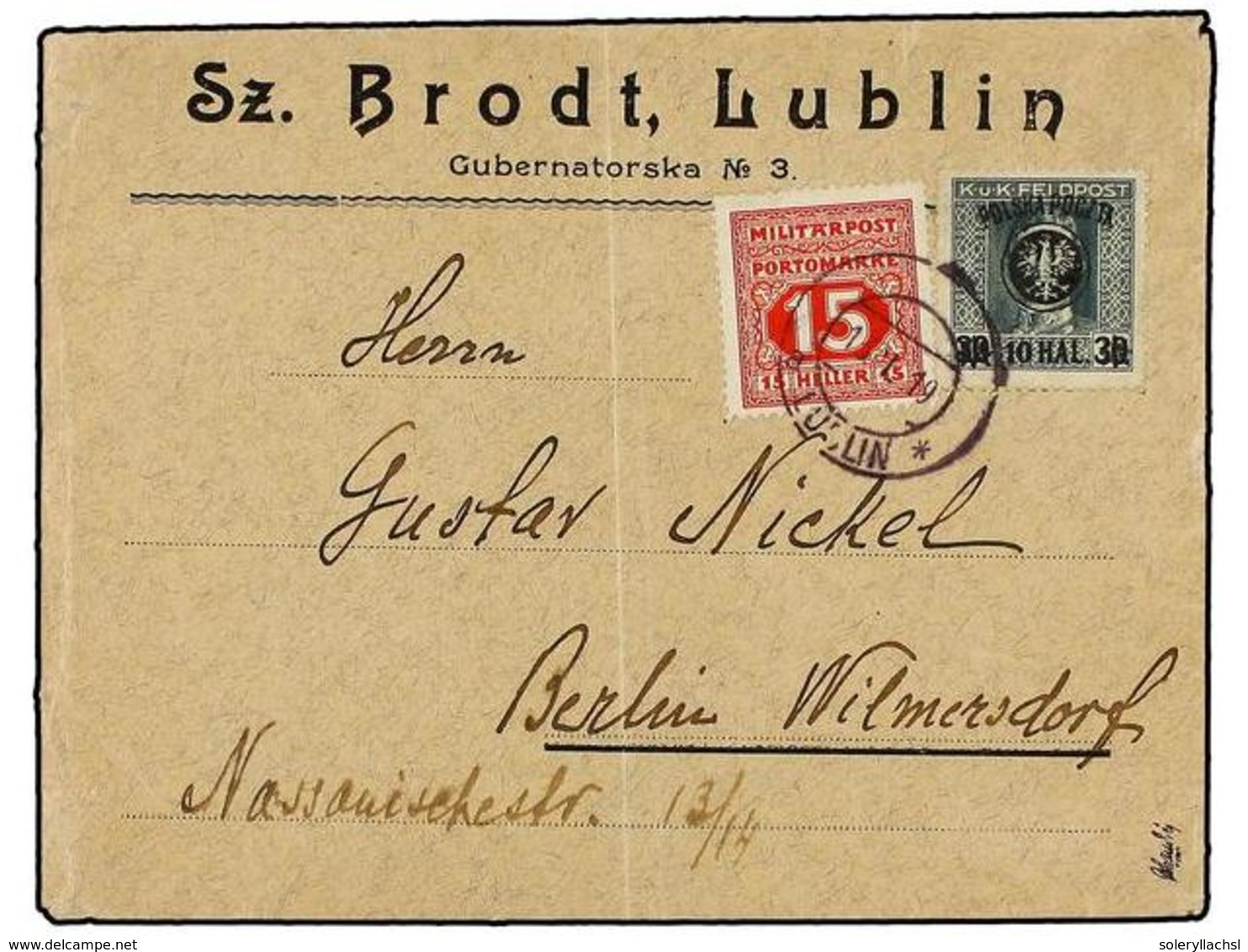 1133 POLONIA. 1919. LUBLIN A BERLÍN. <B>10 H. S. 30 H. </B>habilitado <B>POLSKA-POLZTA</B> Y Sello De Tasas Militar De A - Andere & Zonder Classificatie