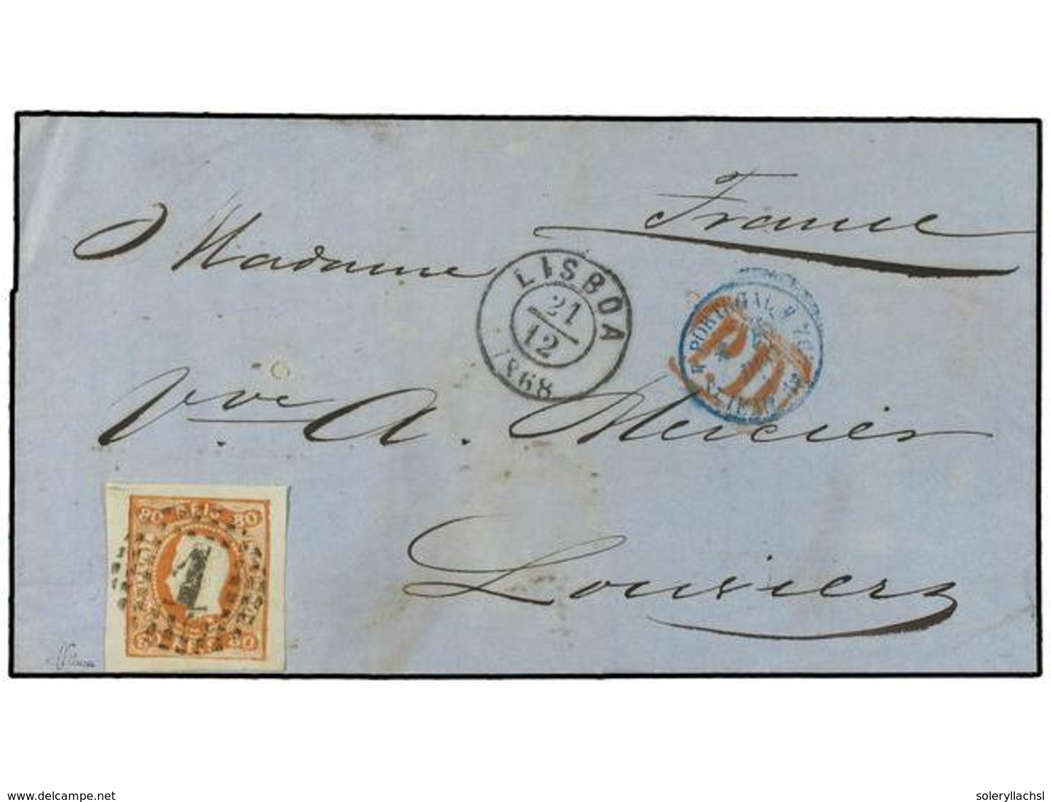 1136 PORTUGAL. 1868 (Dec 21). Cover To France Franked By Superb Margined 1866 <B>80r</B>. Orange, Slight Scissor Cut In  - Other & Unclassified