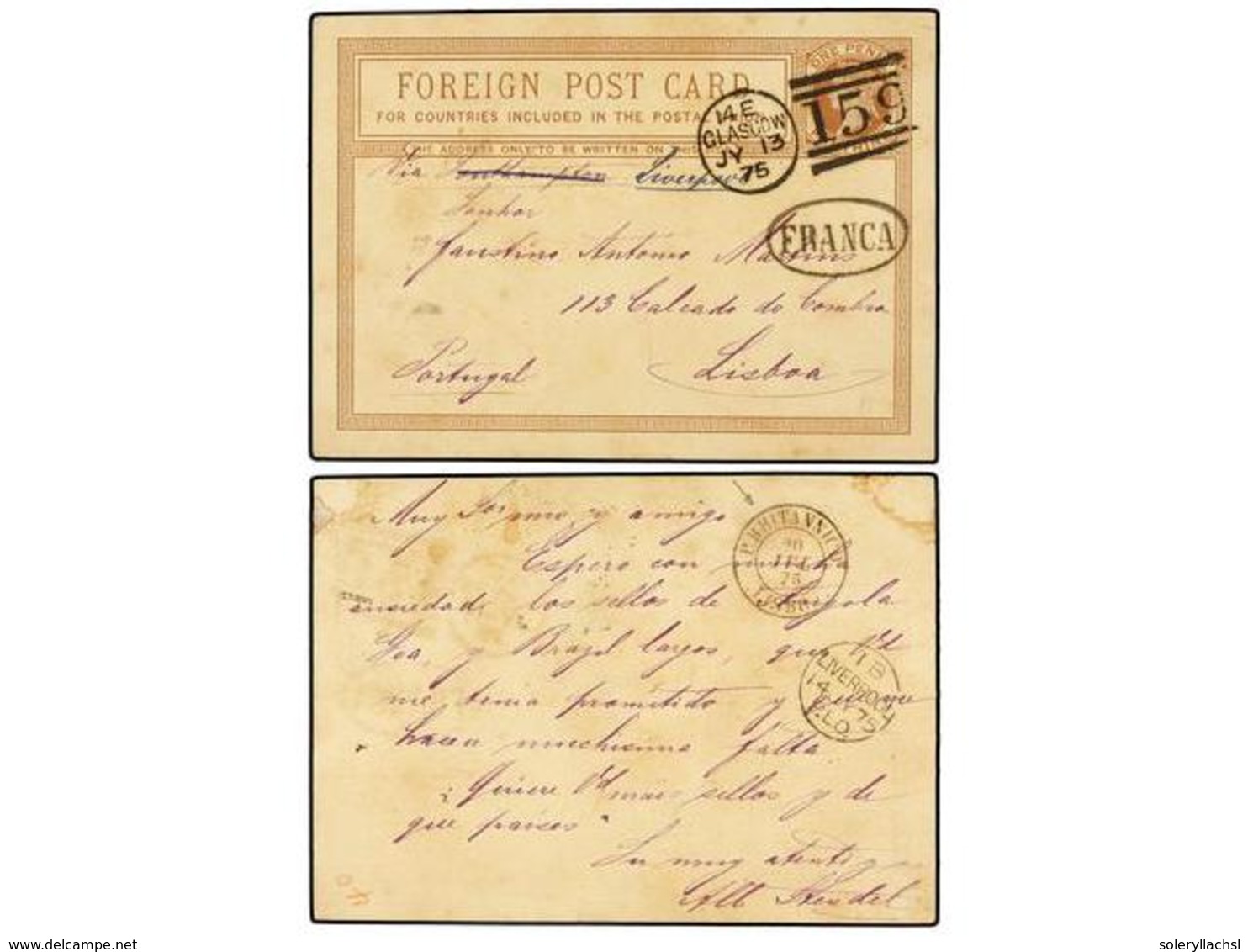 1138 PORTUGAL. 1875. GLASCOW A LISBOA. Entero Postal De <B>1 P.</B> Castaño, Marca Ovalada De Llegada <B>FRANCA</B> Y Al - Sonstige & Ohne Zuordnung