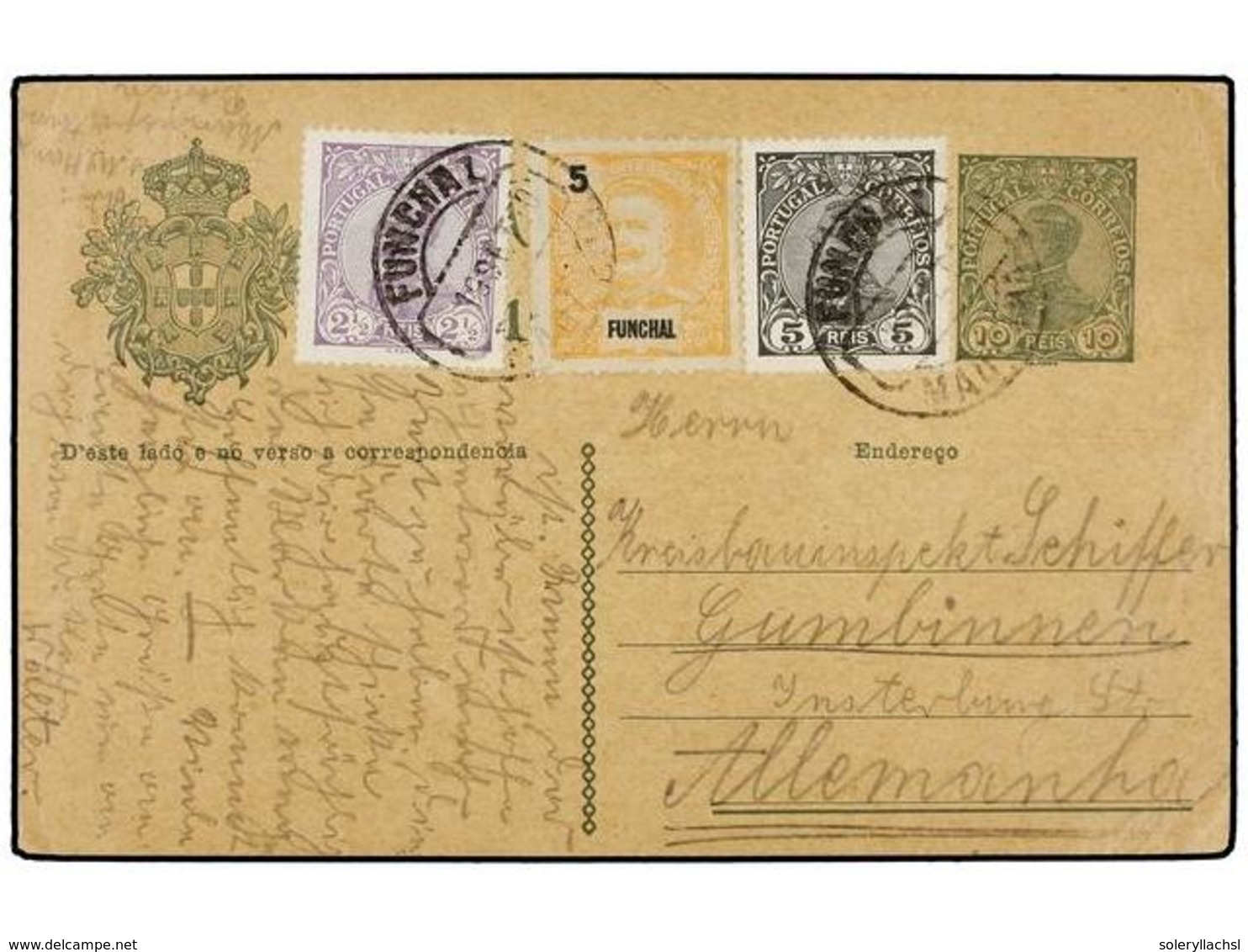 1140 PORTUGAL. 1896. FUNCHAL A ALEMANIA. Entero Postal De <B>10 Cts.</B> Verde Con Franqueo Adicional De <B>2 1/2, 5 Rei - Autres & Non Classés