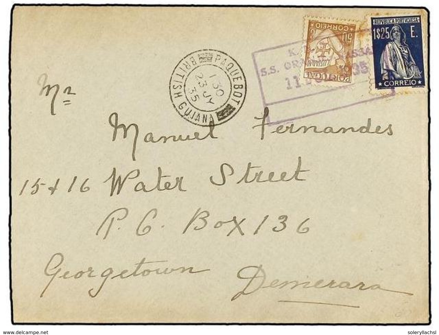 1143 PORTUGAL. 1935. Sobre Circulado A GEORGETOWN (British Guiana). <B>50 Cts.</B> Y <B>1,25 Esc. </B>mat. Marítimo <B>K - Other & Unclassified