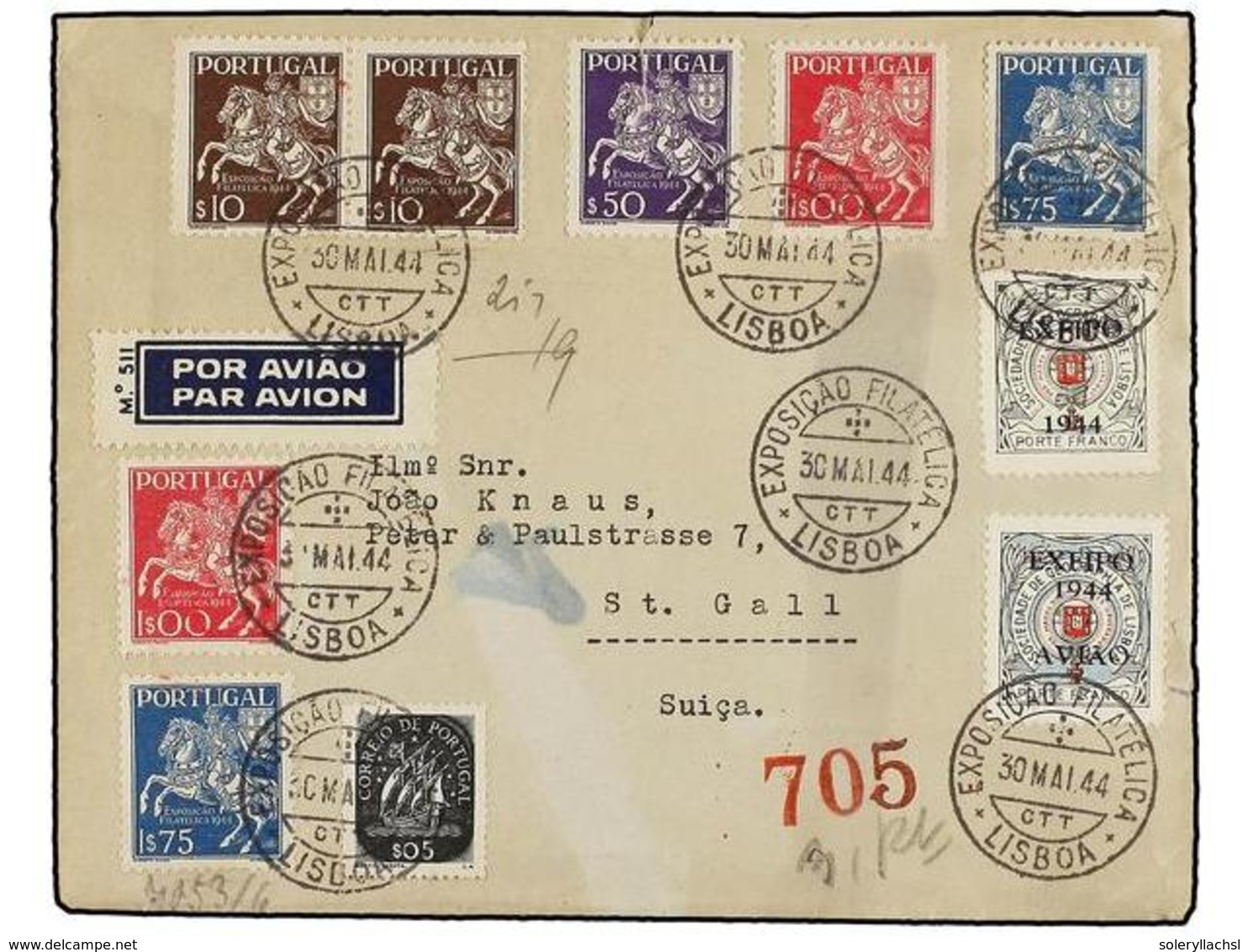 1144 PORTUGAL. 1944. LISBOA A SUIZA. Precioso Franqueo Con Sellos De La Sociedad Geográfica De Lisboa Habilitados <B>EXF - Sonstige & Ohne Zuordnung