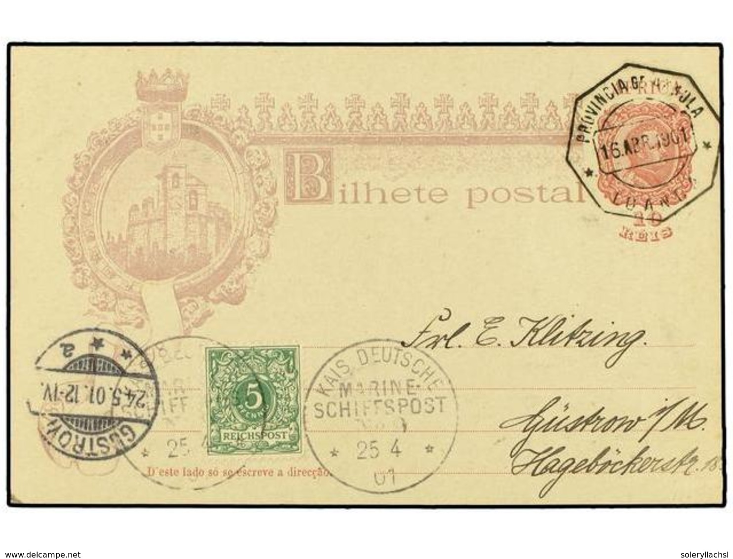 1145 ANGOLA. 1901 (April 16). <B>10r</B>. Rose & Lilac Postal Stationery Card Used To Germany, Pre-cancelled At Loanda A - Andere & Zonder Classificatie