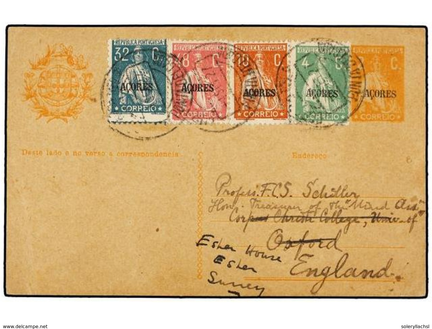 1147 PORTUGAL: AZORES. 1927. PONTA DELGADA A INGLATERRA. Entero Postal De <B>2 Cts.</B> Naranja Con Franqueo Adicional D - Andere & Zonder Classificatie